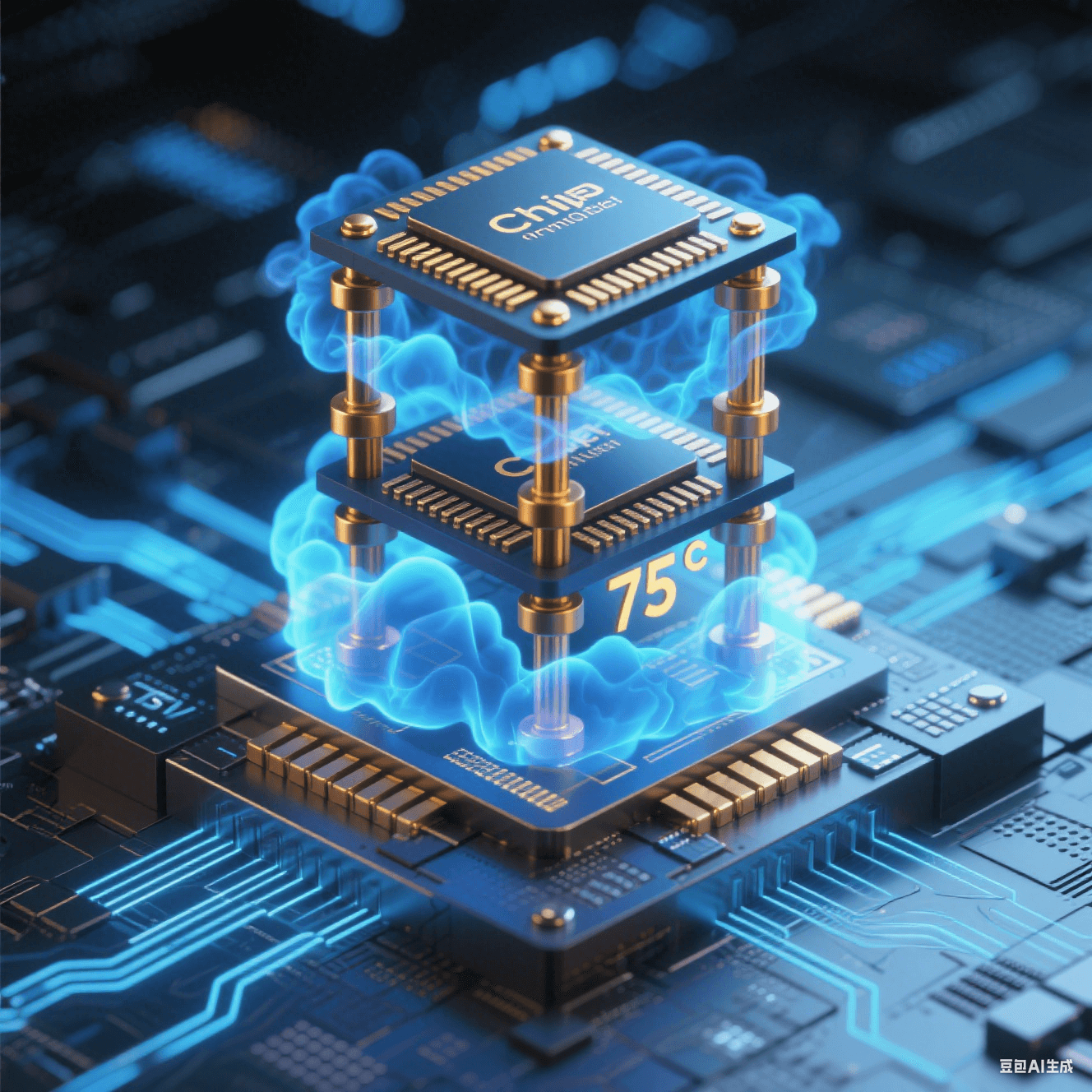 硅中介層上垂直堆疊 3 顆 Chiplet 芯片，銅微凸點如金色支柱連接，TSV 通孔散發(fā)藍色流光