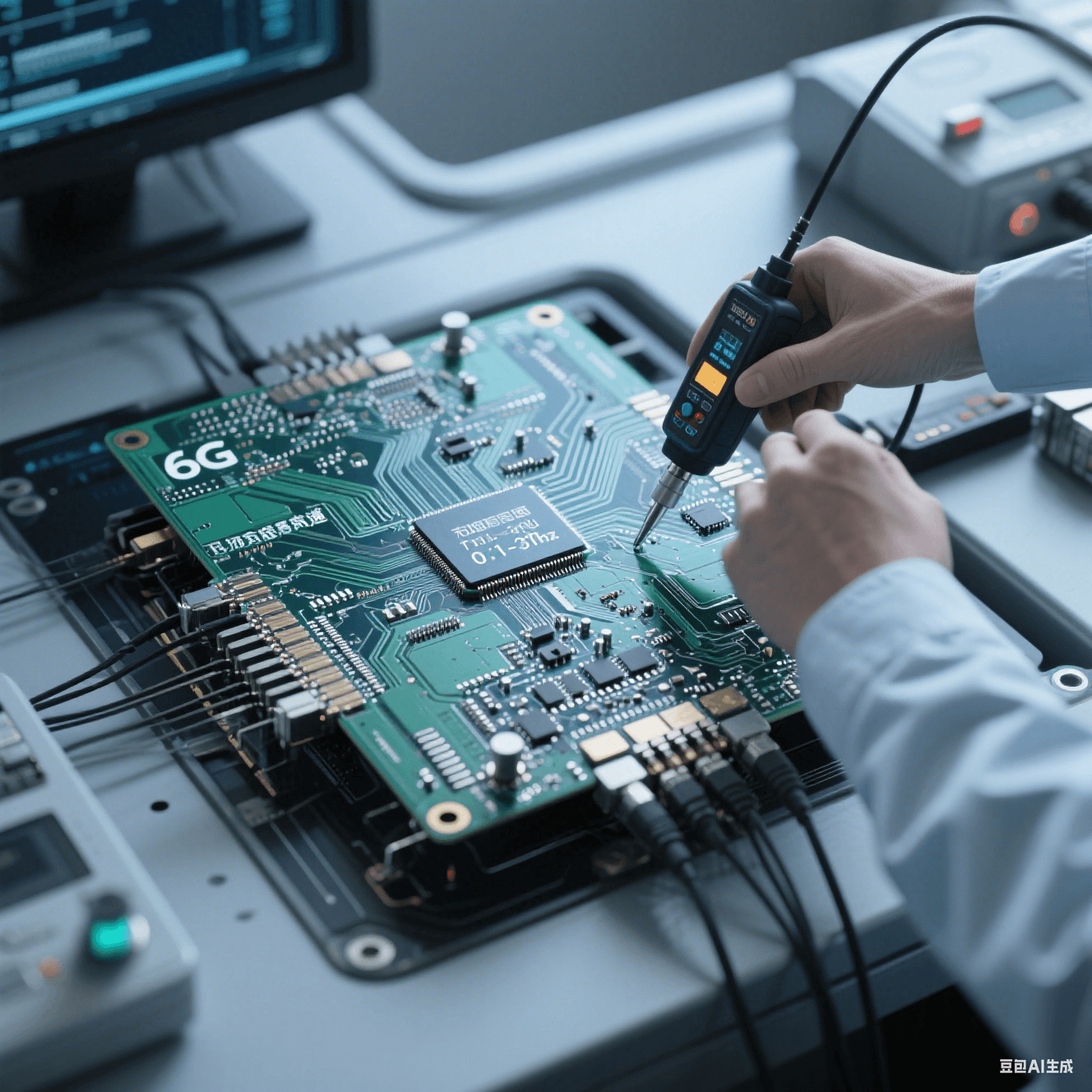 6G 通信高速電路板在太赫茲頻段（0.1 - 3THz）測(cè)試環(huán)境，工程師用儀器檢測(cè)阻抗控制和串?dāng)_抑制情況