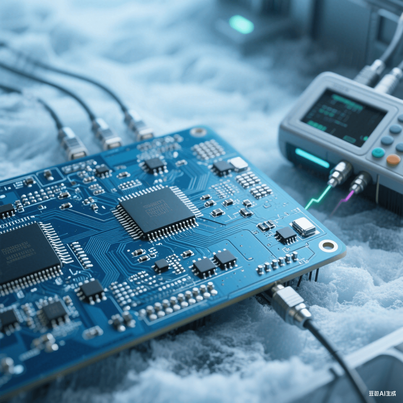 量子計(jì)算高速電路板在低溫測(cè)試環(huán)境，銦基焊料使焊點(diǎn)保持良好連接，旁邊儀器檢測(cè)信號(hào)完整性