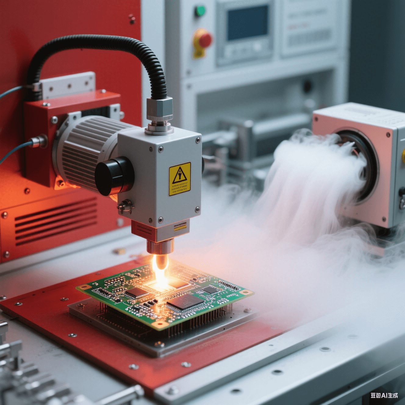 高溫測(cè)試實(shí)驗(yàn)室中加熱設(shè)備對(duì) PCB 板進(jìn)行測(cè)試，冷卻裝置散發(fā)白色霧氣