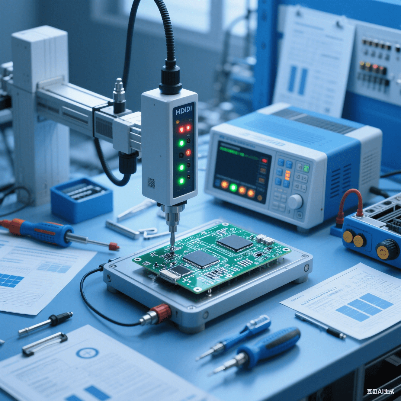 汽車電子測試車間內測試儀器對 HDI 板進行性能測試，儀器指示燈閃爍，周圍擺放測試工具與報告