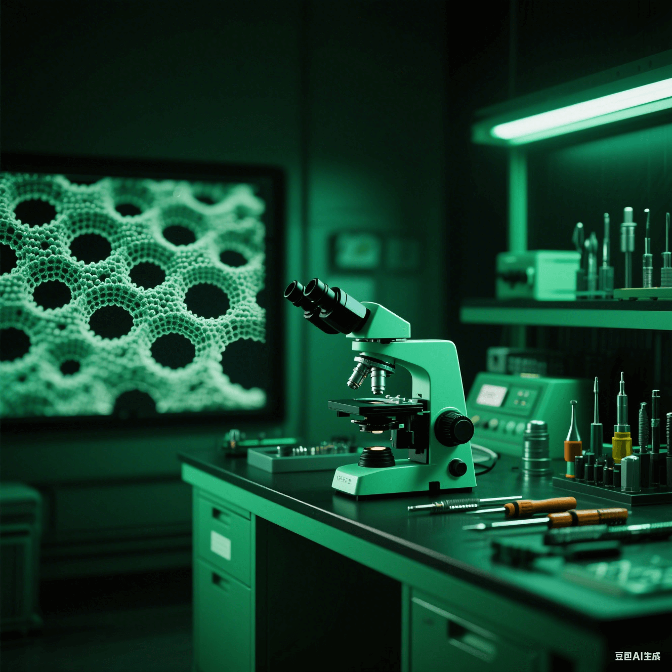 納米級加工技術(shù)實驗室中電子顯微鏡顯示納米微孔結(jié)構(gòu)，操作臺擺放納米加工工具