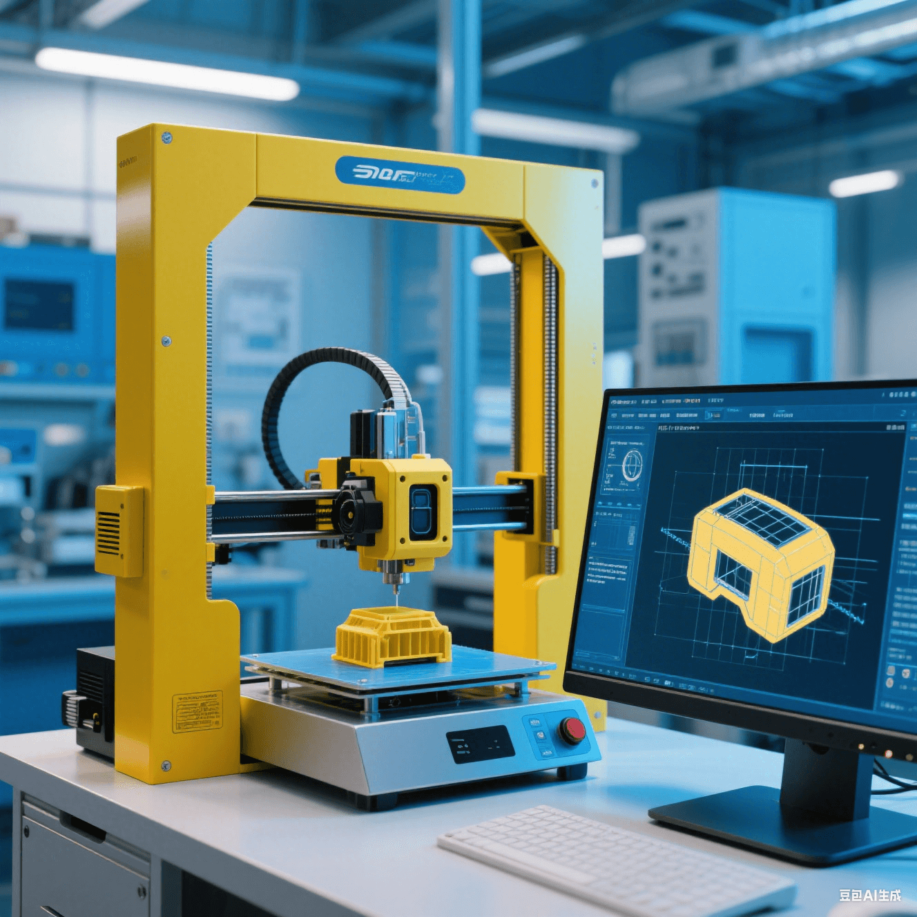 智能駕駛傳感器實驗室中 3D 打印機打印傳感器外殼模型，電腦屏幕顯示設計圖紙