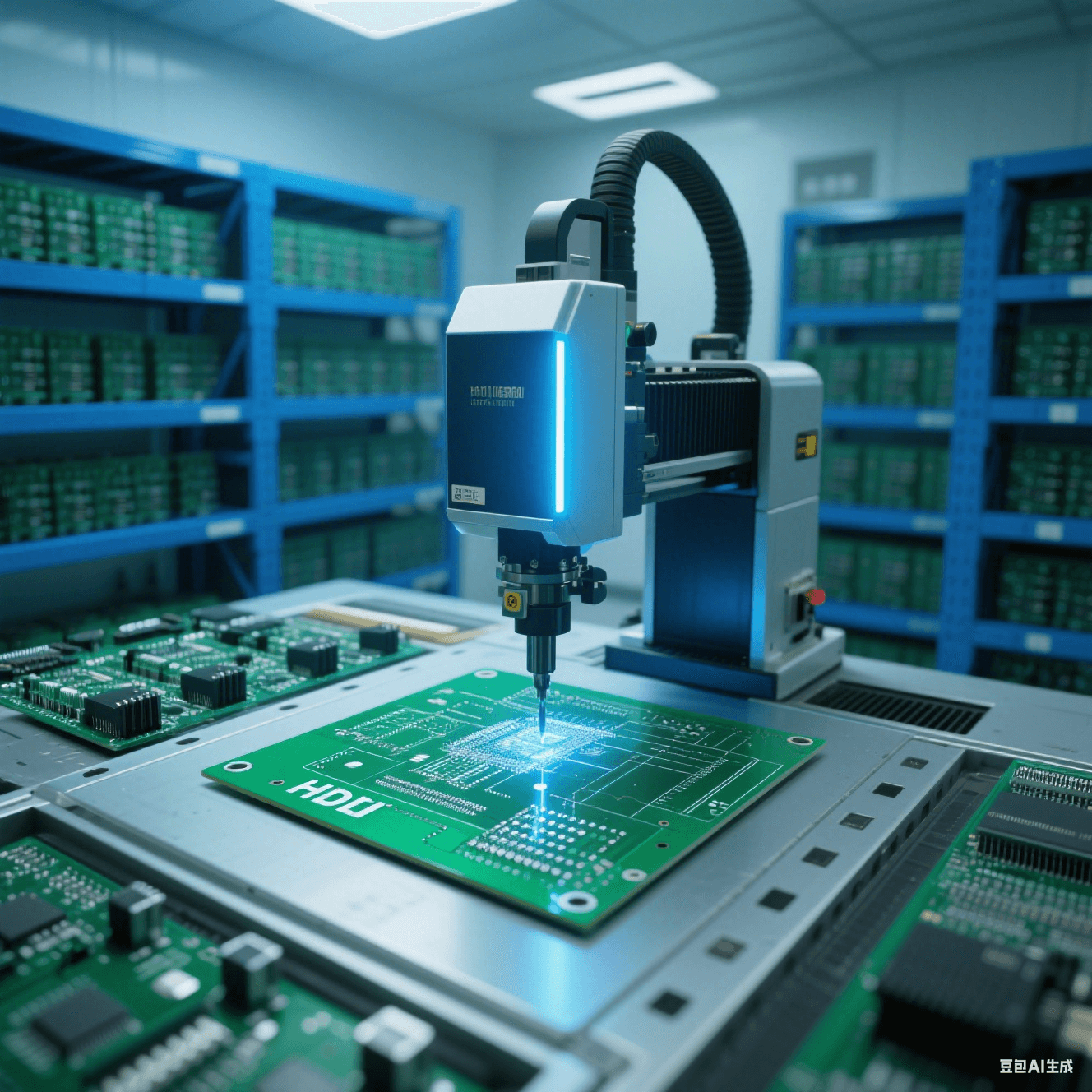 無塵車間內(nèi)先進(jìn)的激光鉆孔機(jī)正對(duì)綠色 HDI 板進(jìn)行高精度鉆孔，機(jī)器發(fā)出藍(lán)色光束，周圍是整齊的電子元件貨架