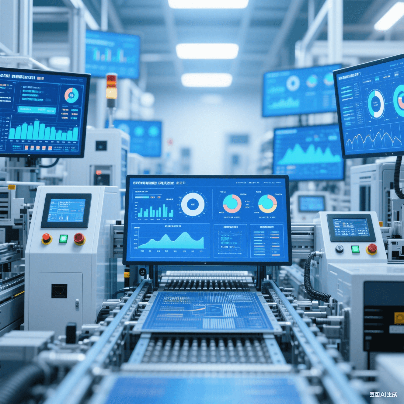 智能化 PCB 加工廠內(nèi)自動化生產(chǎn)線根據(jù)大數(shù)據(jù)調(diào)整參數(shù)，設(shè)備顯示屏顯示生產(chǎn)數(shù)據(jù)圖表