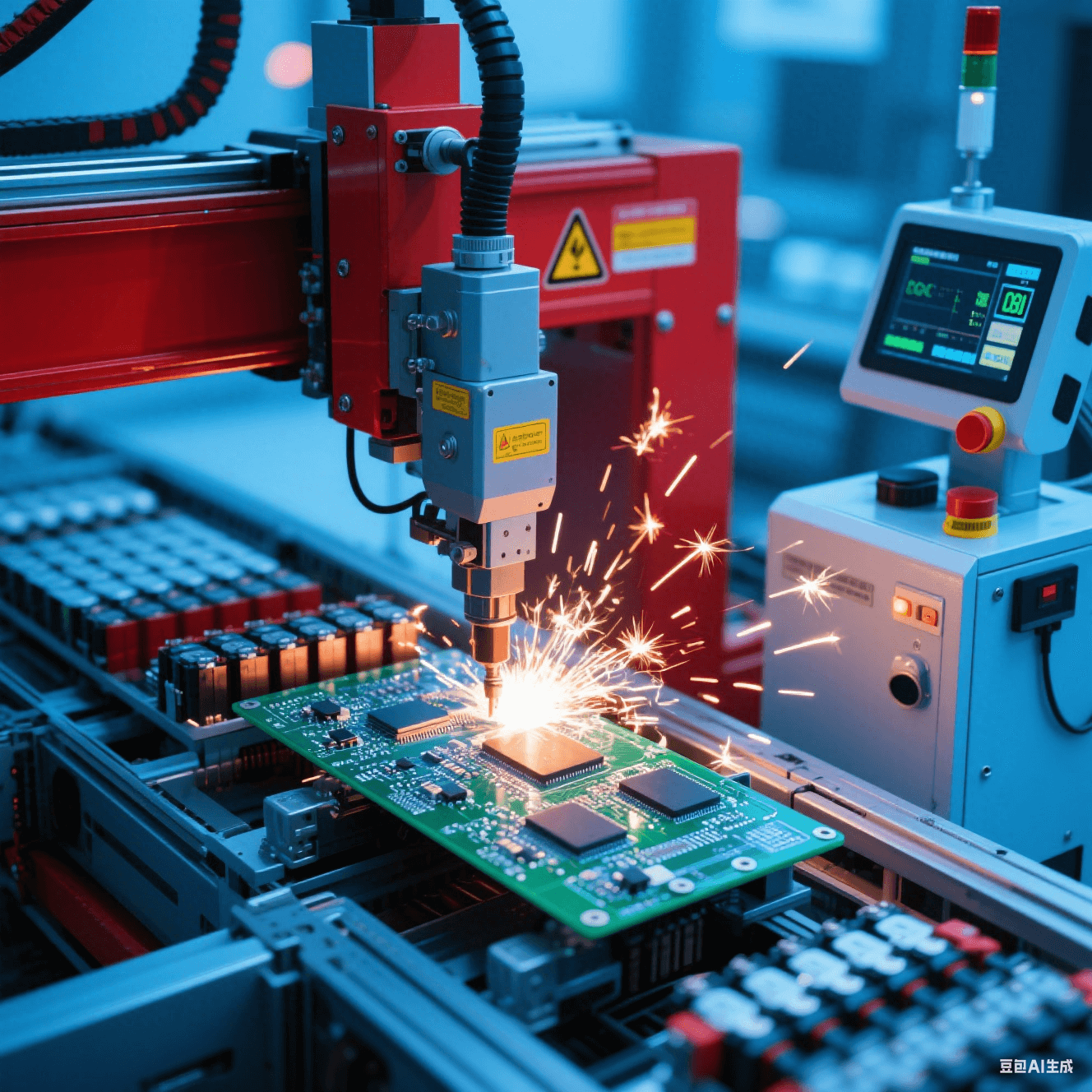 新能源汽車電池生產線中自動化設備焊接 BMS 板，焊接火花閃爍，旁側檢測設備監(jiān)控質量