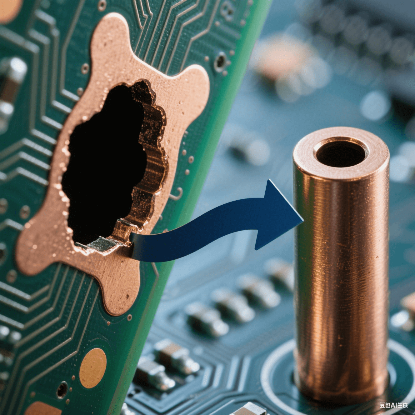 深徑比 101 的 PCB 盲孔顯微特寫，左側(cè)孔口 “狗骨” 凸起與中部空洞缺陷，右側(cè)對比均勻銅填充柱體，深藍(lán)背景中鍍液循環(huán)箭頭呈現(xiàn)孔口堵塞與孔內(nèi)暢通的動態(tài)反差。