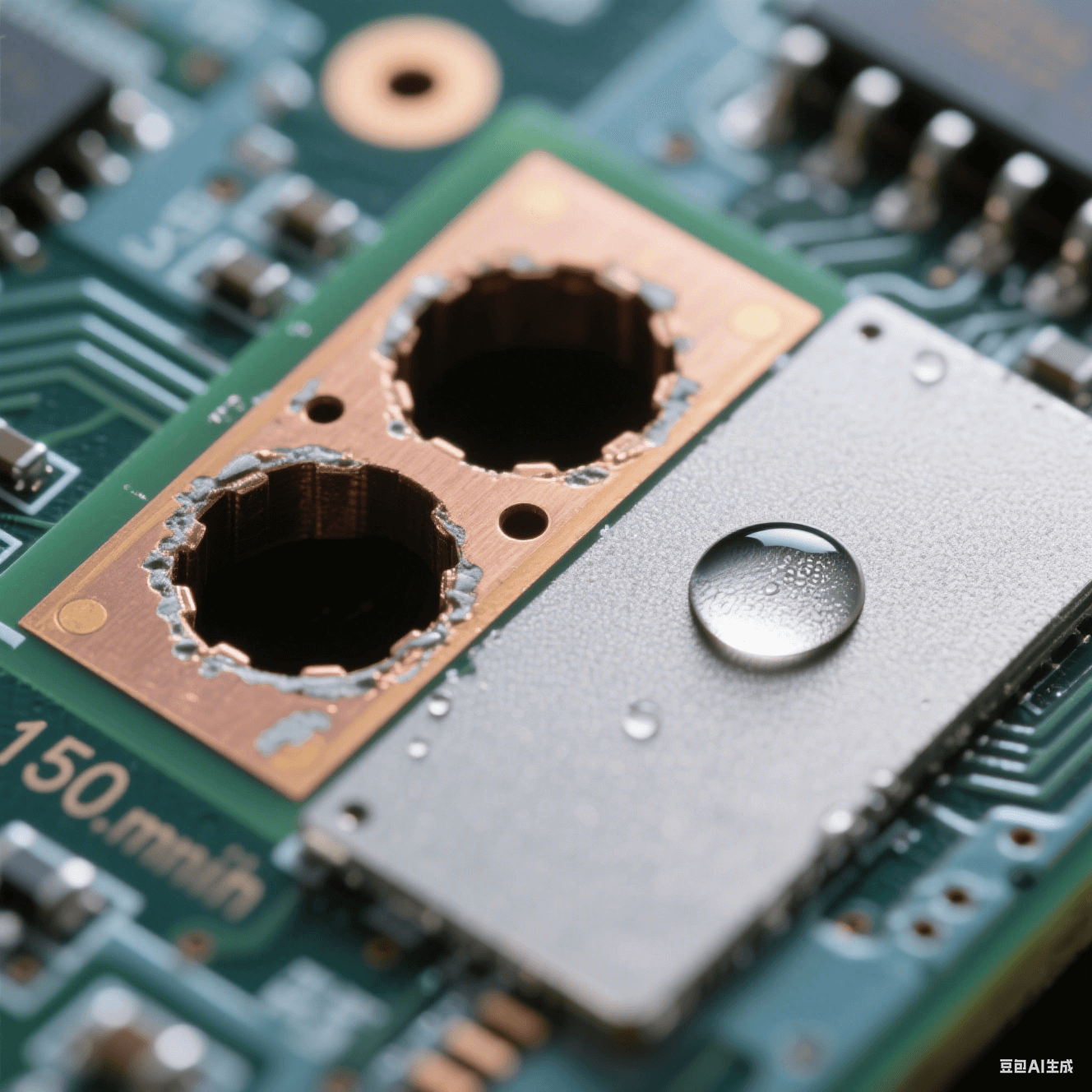 150μm 微孔橫截面顯微攝影：左側(cè)孔壁殘留環(huán)氧樹脂暗斑，右側(cè)清潔后呈現(xiàn)均勻磨砂微蝕表面，對比 85° 水滴與 30° 鋪展水膜的接觸角差異，電路板背景景深虛化