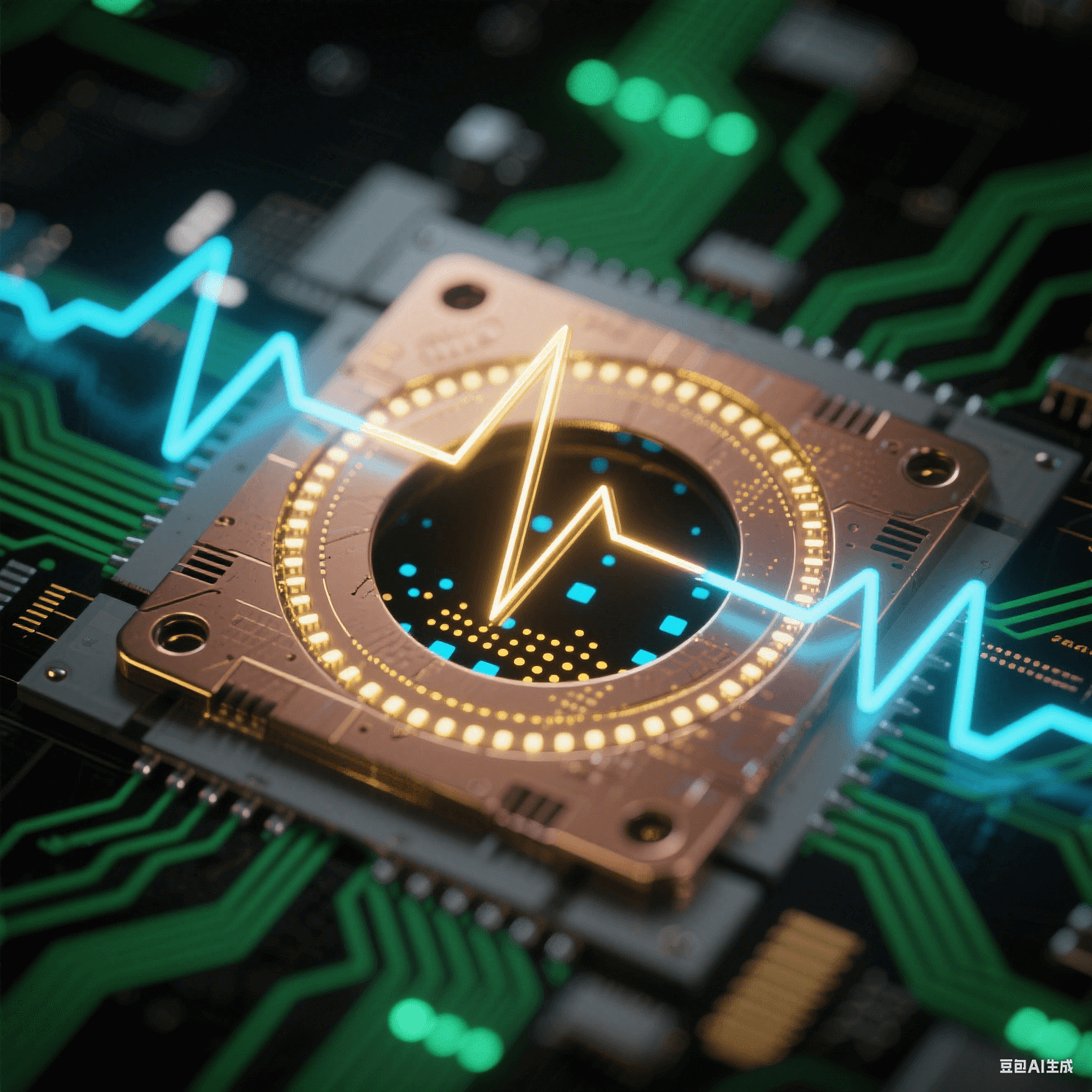 PCB 孔洞懸浮于深空黑背景，金色正向脈沖與藍(lán)色反向脈沖波形環(huán)繞，孔內(nèi)離子濃度以孔口稀疏藍(lán)點(diǎn)、孔底密集金點(diǎn)的漸變粒子流表現(xiàn)