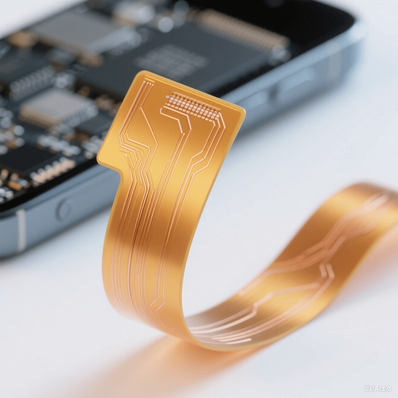 聚酰亞胺柔性板(PI FPC)特寫圖：展示輕薄彎曲形態(tài)與精細(xì)銅線路，背景暗示消費(fèi)電子產(chǎn)品應(yīng)用