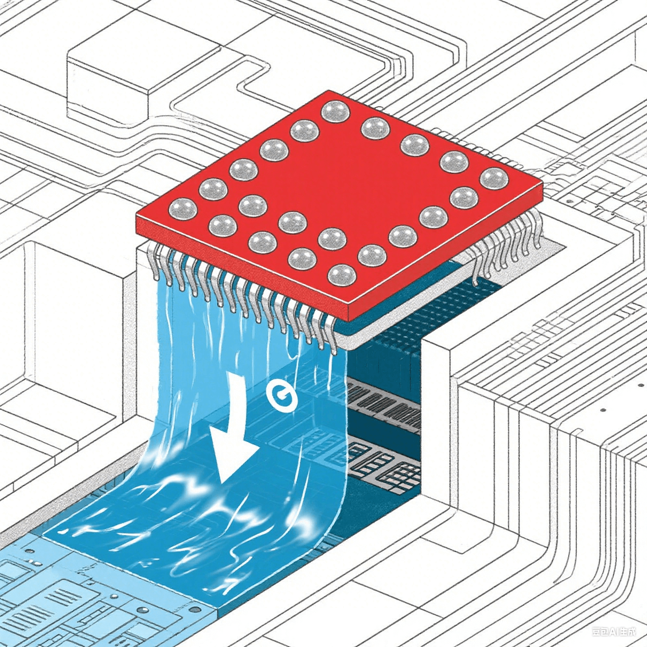BGA封裝散熱原理：芯片核心紅色高溫區(qū)經(jīng)焊球陣列傳導(dǎo)至藍(lán)色低溫基板，箭頭指示15℃溫降，液態(tài)金屬在基板層流動