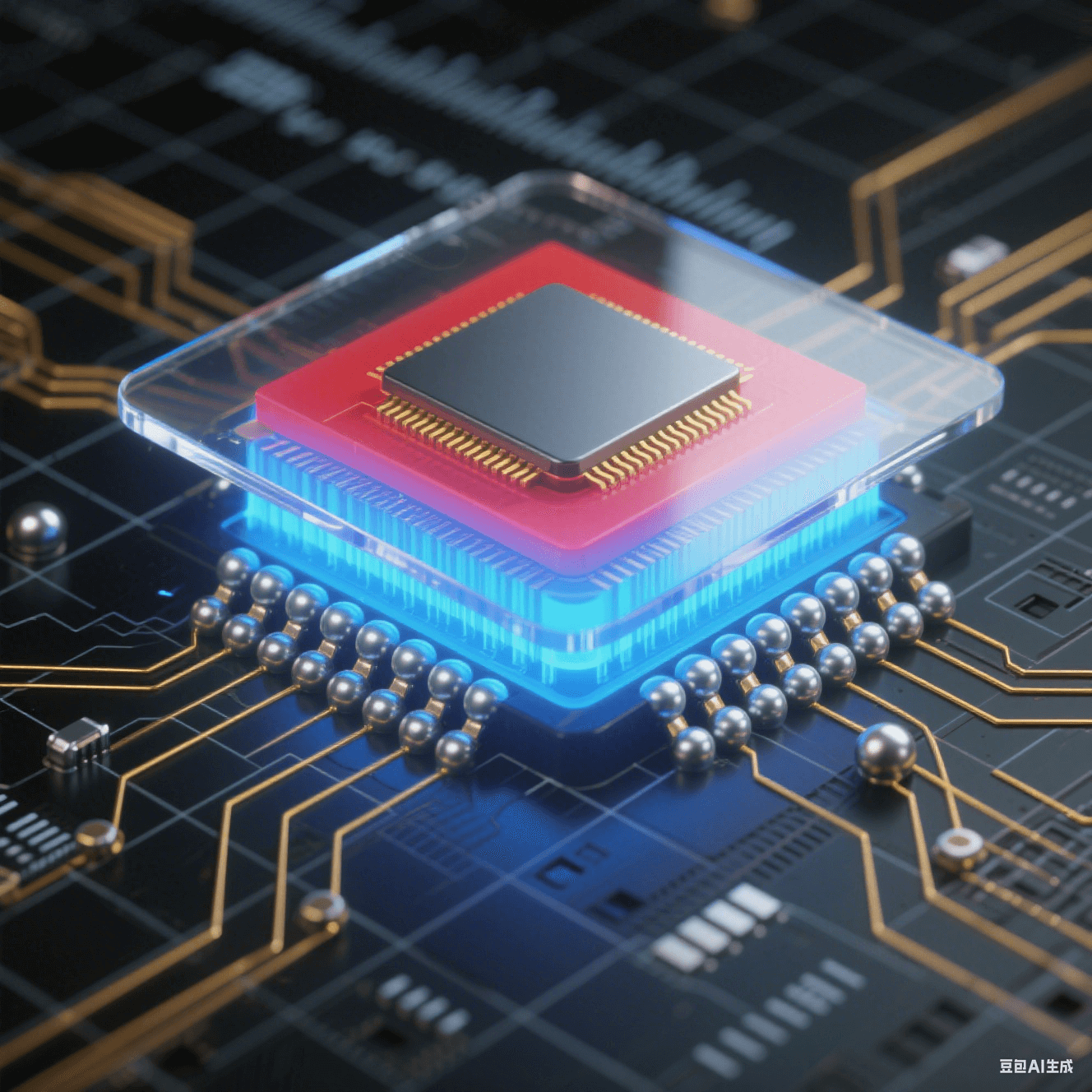 球柵陣列封裝剖面圖：展示電路板基座上芯片的底部銀色焊球陣列，金色導(dǎo)線連接中央硅晶片，內(nèi)部藍(lán)色信號路徑與紅藍(lán)漸變的散熱流向，背景帶微米級刻度尺