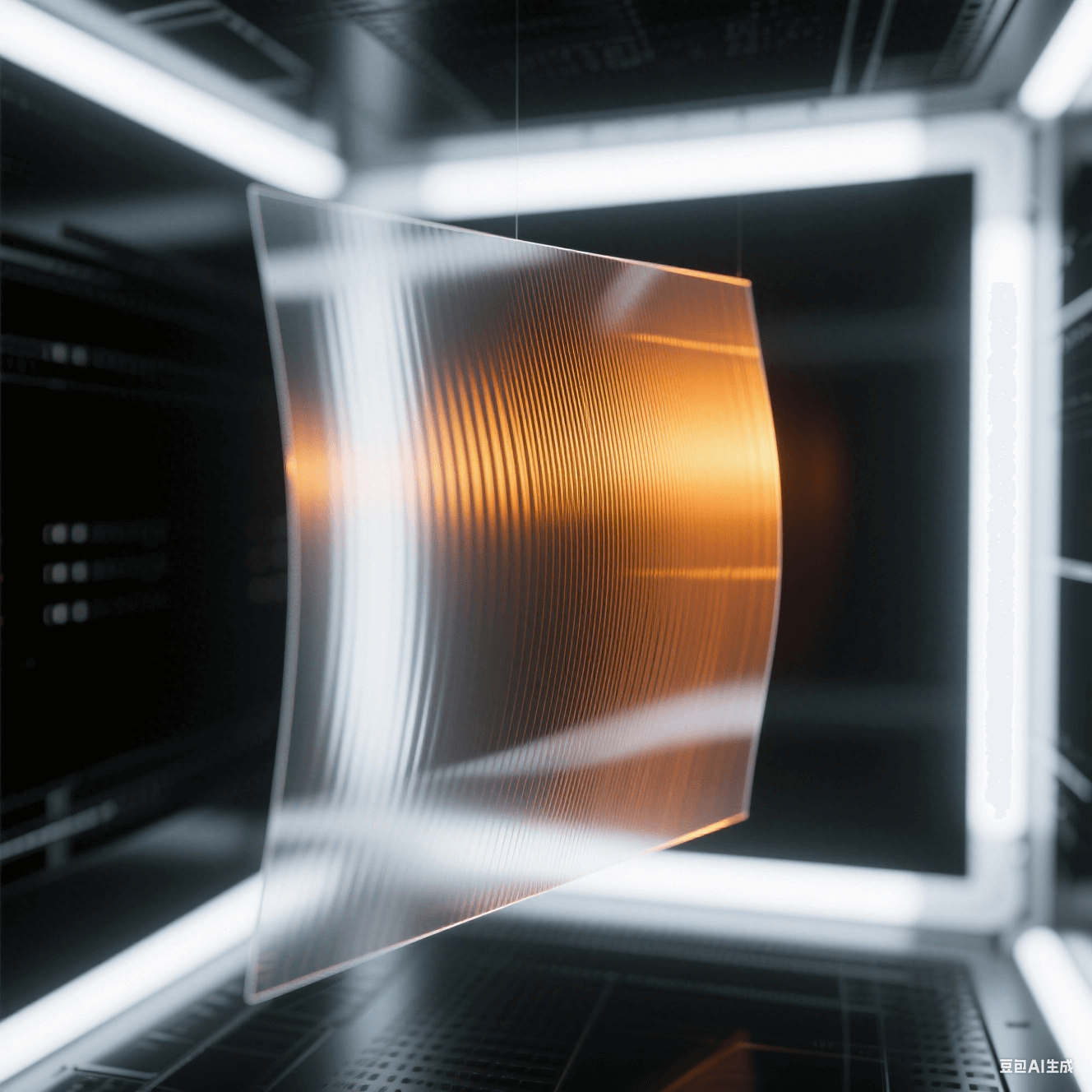 透明PI膜懸浮于冷白光真空腔，150℃/250℃溫階折射出橙/金雙色干涉條紋，殘余應(yīng)力消散軌跡具象化為偏振光柵變形