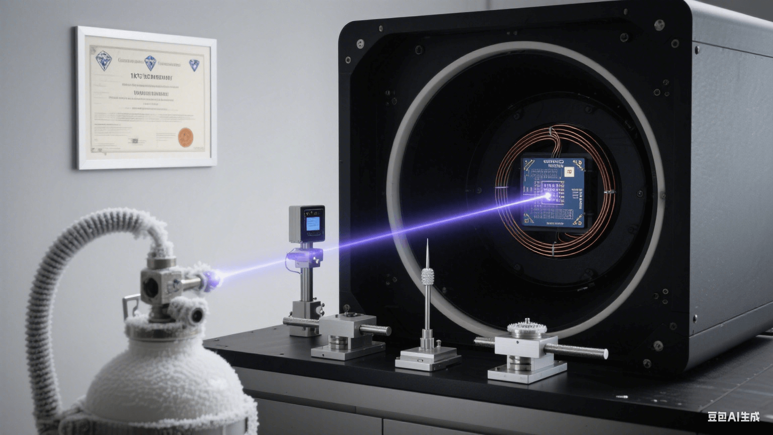 超導(dǎo)量子測(cè)試系統(tǒng)：液氦杜瓦瓶連接真空腔，超導(dǎo)線圈激發(fā)量子比特糾纏光軌，納米位移臺(tái)探針掃描芯片信號(hào)