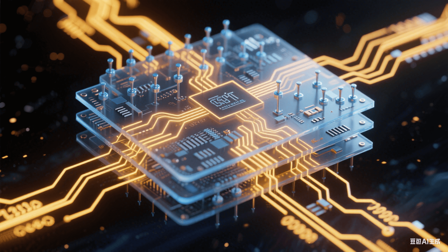 多層電路板信號(hào)傳輸系統(tǒng)：0.05mm線寬金色電路通道中脈沖電流流動(dòng)，冰藍(lán)色探針陣列精準(zhǔn)接觸納米焊盤(pán)，-40℃至125℃溫標(biāo)環(huán)包裹的極端環(huán)境測(cè)試場(chǎng)景