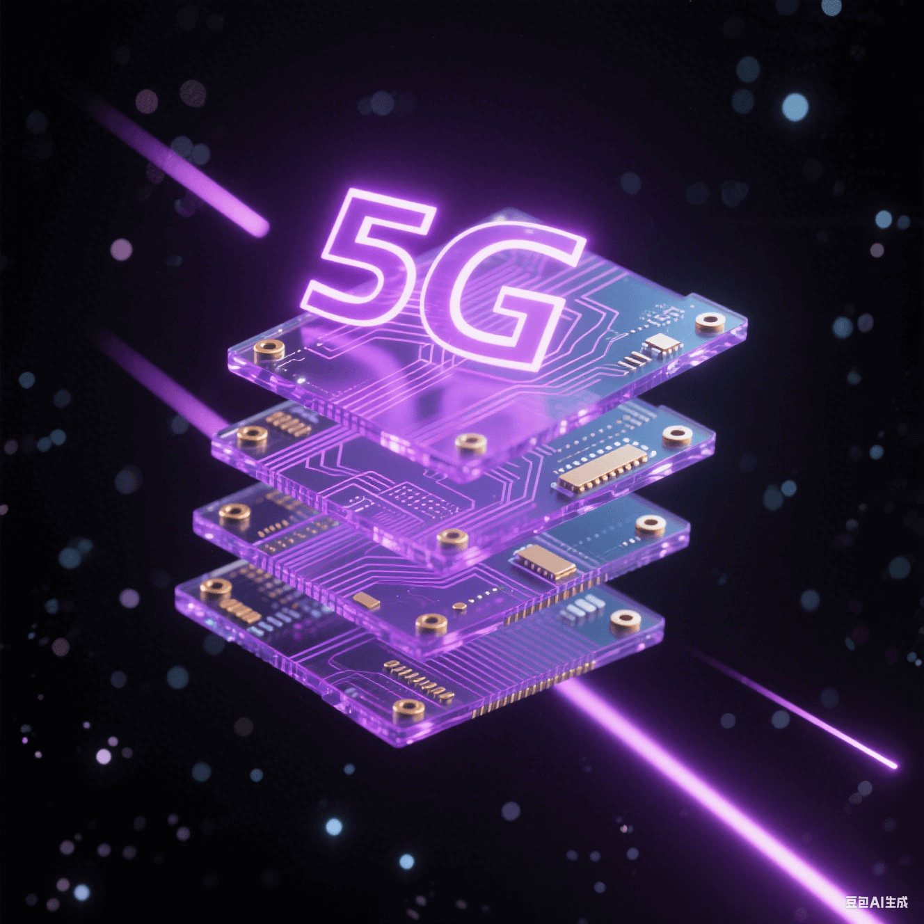 抽象多層電路板懸浮于深空背景，紫色發(fā)光線路與金色過孔構(gòu)成脈沖光網(wǎng)，水晶質(zhì)感介電材料呈現(xiàn)5G信號傳輸概念