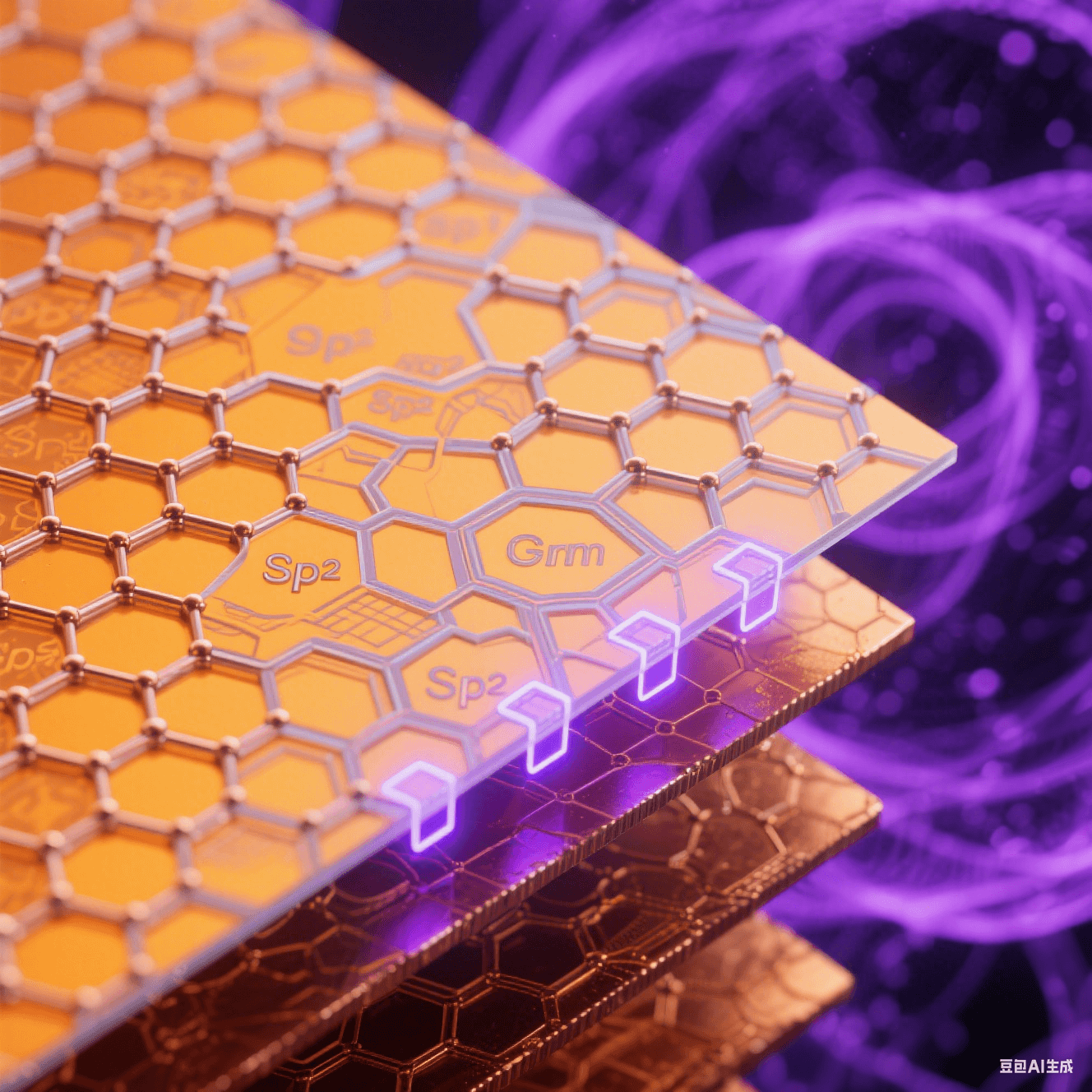 透射電鏡風(fēng)格界面層：橙黃銅晶格表面覆蓋碳六邊形網(wǎng)絡(luò)，鍵合處泛藍(lán)紫量子輝光，深紫電子云背景