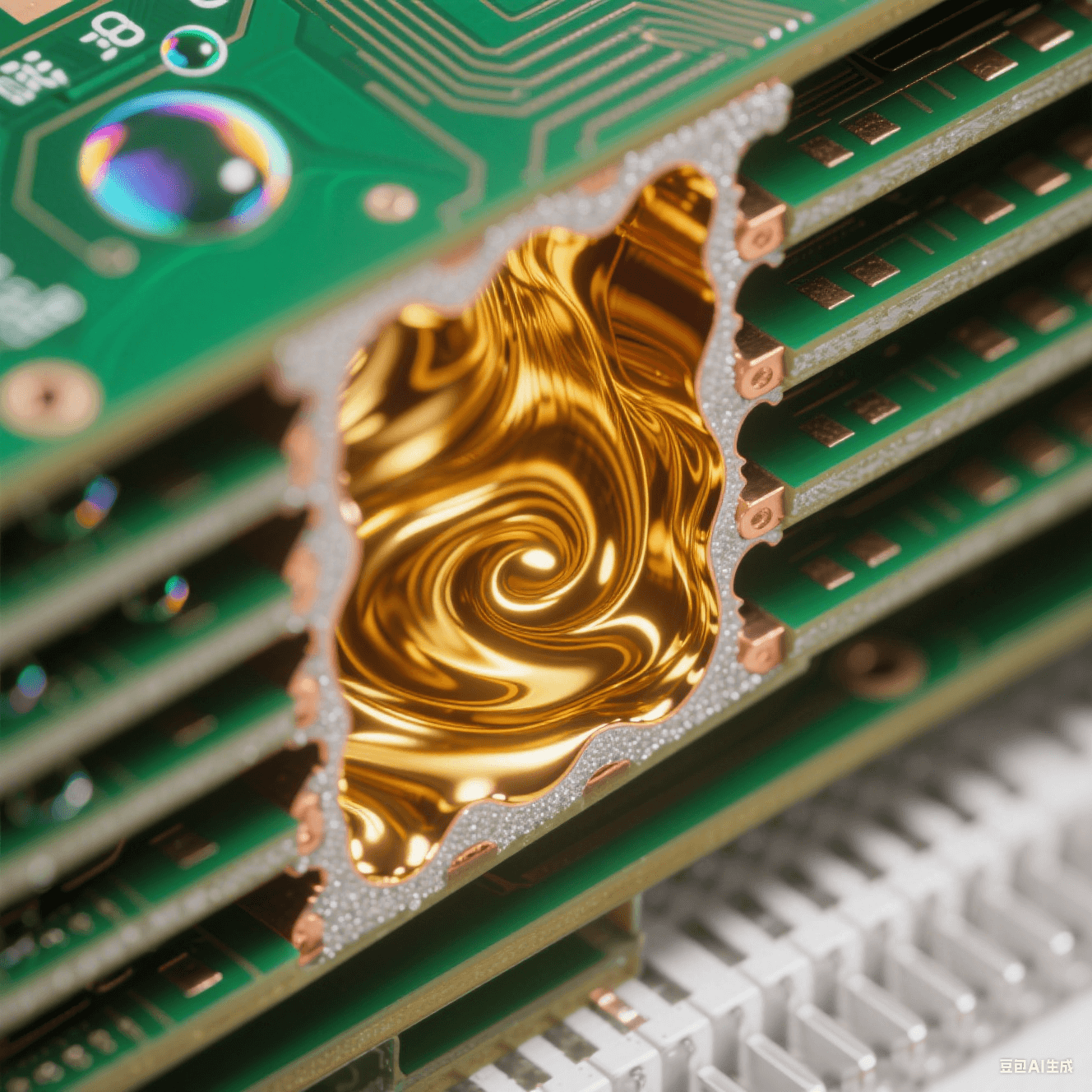 顯微視角下黃金電解液填充HDI板微孔的過程，鏡面銅層沉積于孔壁，多層啞光綠阻焊與古銅導(dǎo)電層交替，呈現(xiàn)高密度互連板的脈沖電鍍填孔先進工藝