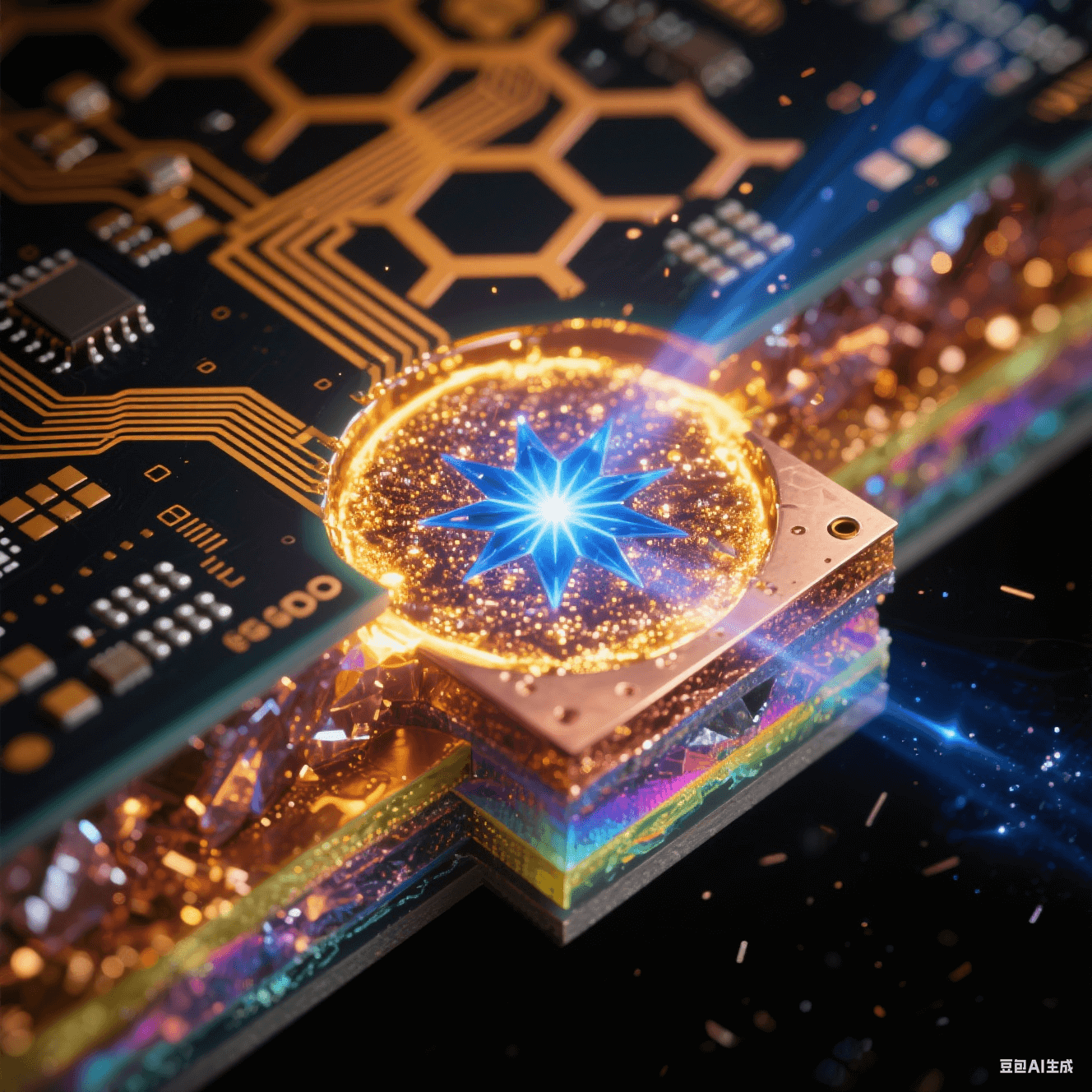 超流體動力學(xué)渲染的多層HDI板4D集成概念，液態(tài)光子流在透明基板立體通道穿行，鉆石微粒元件自組裝，詮釋任意層互連技術(shù)的量子級演進