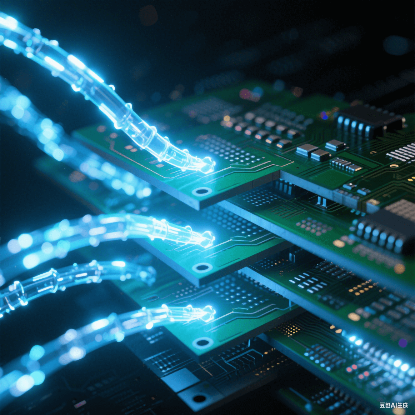 抽象光跡呈現(xiàn)多層電路板內(nèi)部電磁脈沖流沿微孔矩陣躍遷，藍(lán)白信號束在深黑PCB截面散射虹彩，詮釋高頻高速板的信號完整性設(shè)計原理