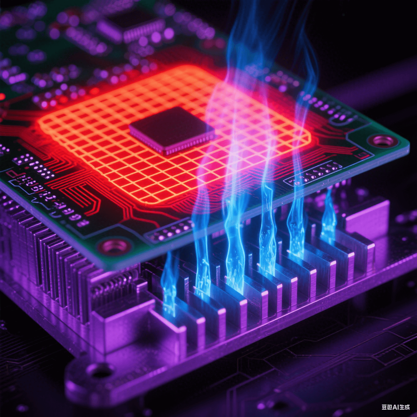 紅外視角PCB亮紅色高溫區(qū)，藍(lán)色柱狀熱過孔貫穿連接底部散熱鰭片，鋁基板泛金屬冷光，熱蒸汽在紫黑背景上升