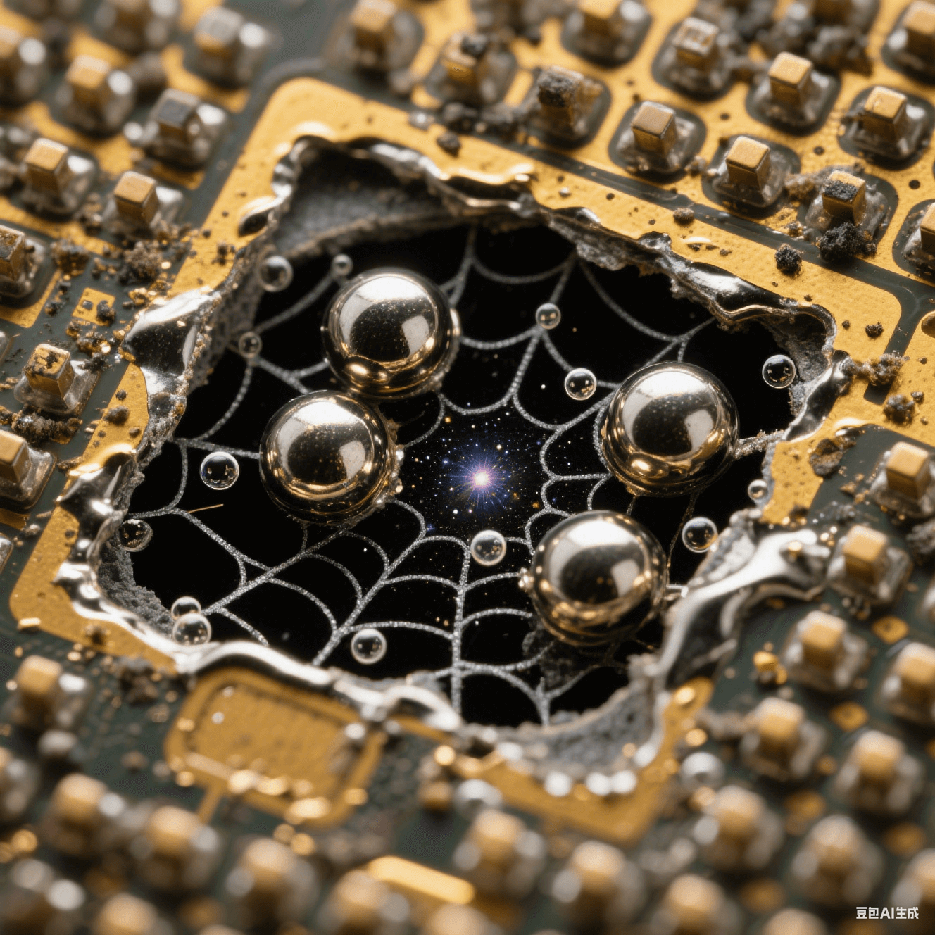 球柵陣列焊點(diǎn)剖開顯露黑色蛛網(wǎng)空洞，錫球內(nèi)氣泡星云狀分布，鍍金焊盤殘留污染物，熔融焊錫鏡面反光深焦透視