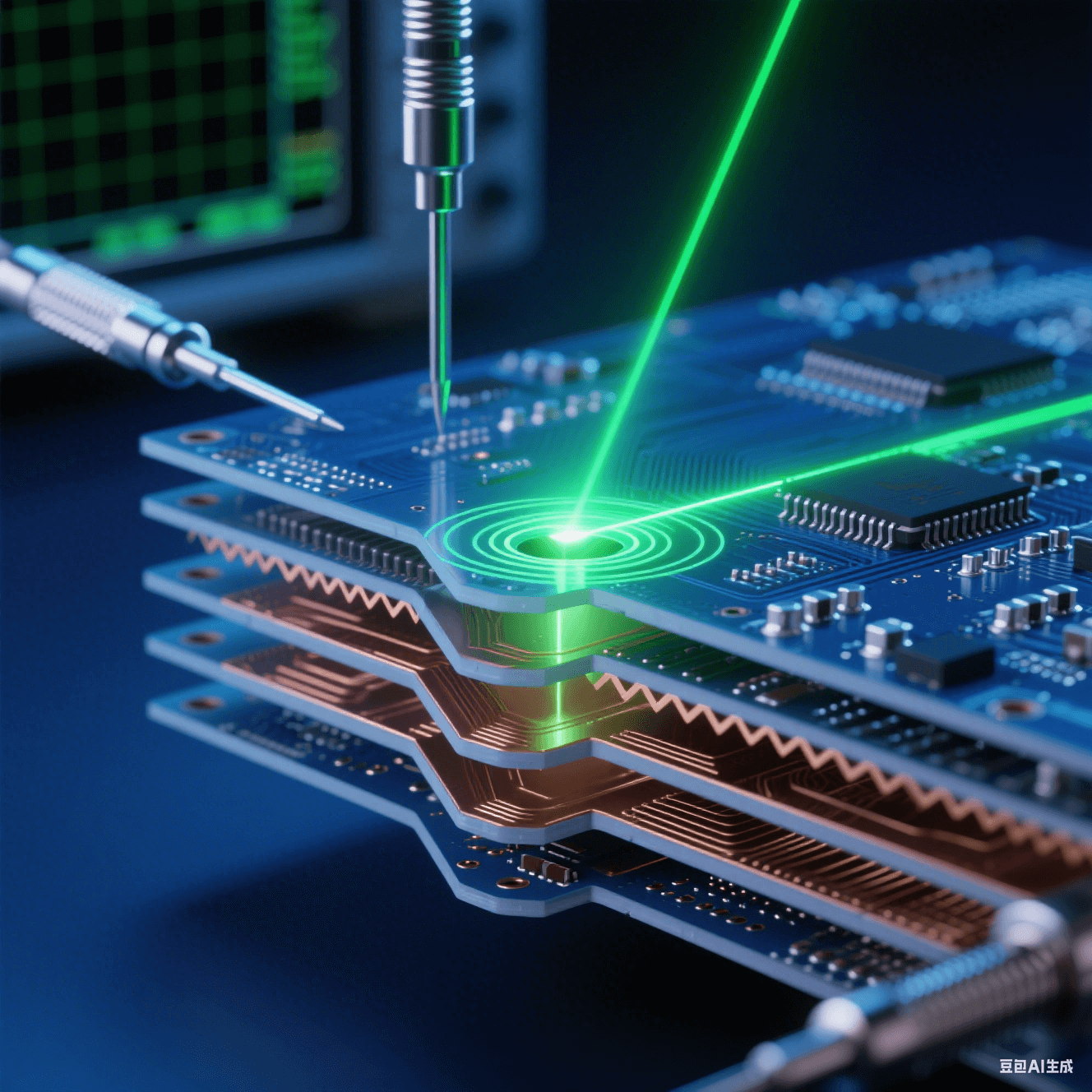 透明多層PCB剖面鋸齒銅層結(jié)構(gòu)，綠色激光在過孔處反射形成漩渦，銀色探針接觸測(cè)試點(diǎn)，鈷藍(lán)背景虛化示波網(wǎng)格