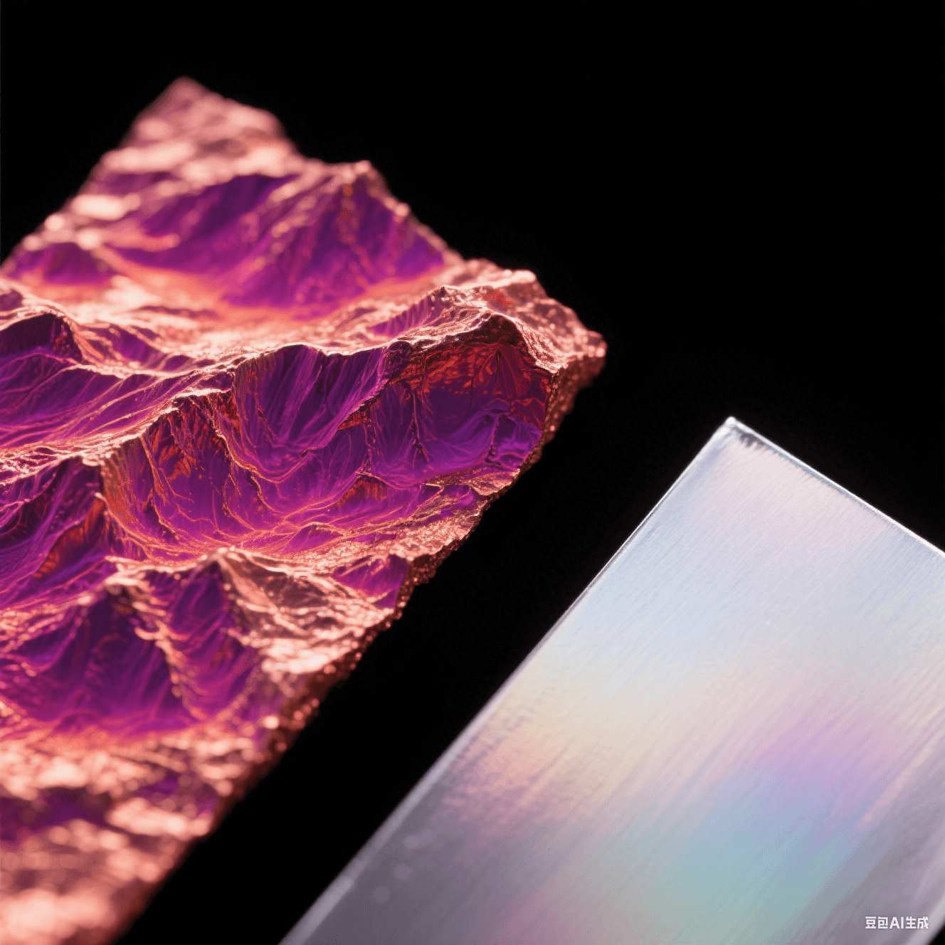 電子顯微鏡下粗糙與光滑銅箔對(duì)比，紫紅熱力圖標(biāo)示局部高溫，冷銀色鍍層泛虹彩光澤，黑色背景突顯微觀表面結(jié)構(gòu)