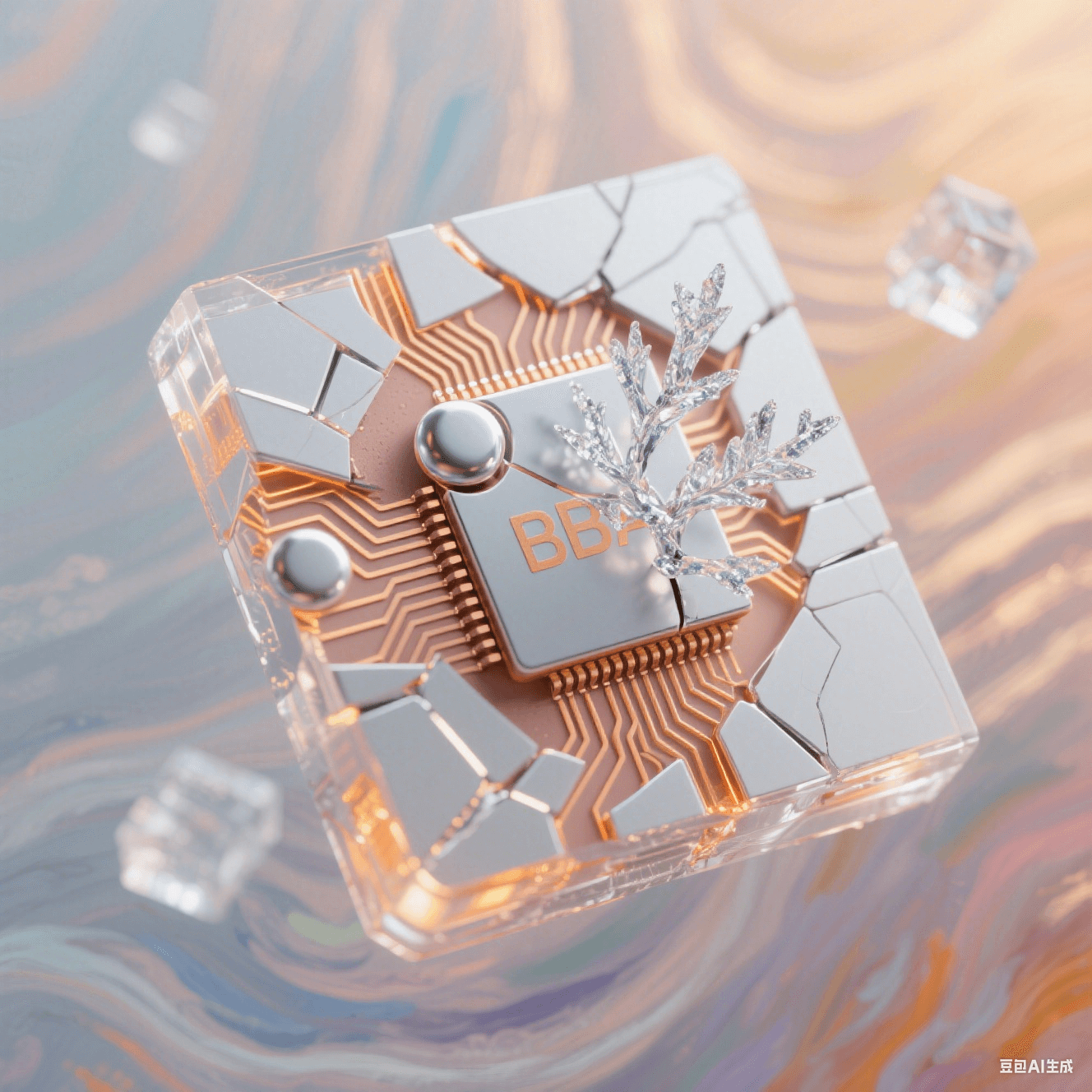 銀白色 BGA 焊球裂痕內生長冰晶錫枝，暖橙光霧暈染邊緣，漸變背景呈莫奈風格，半透明幾何體與光絲矩陣構成的幾何解構畫面