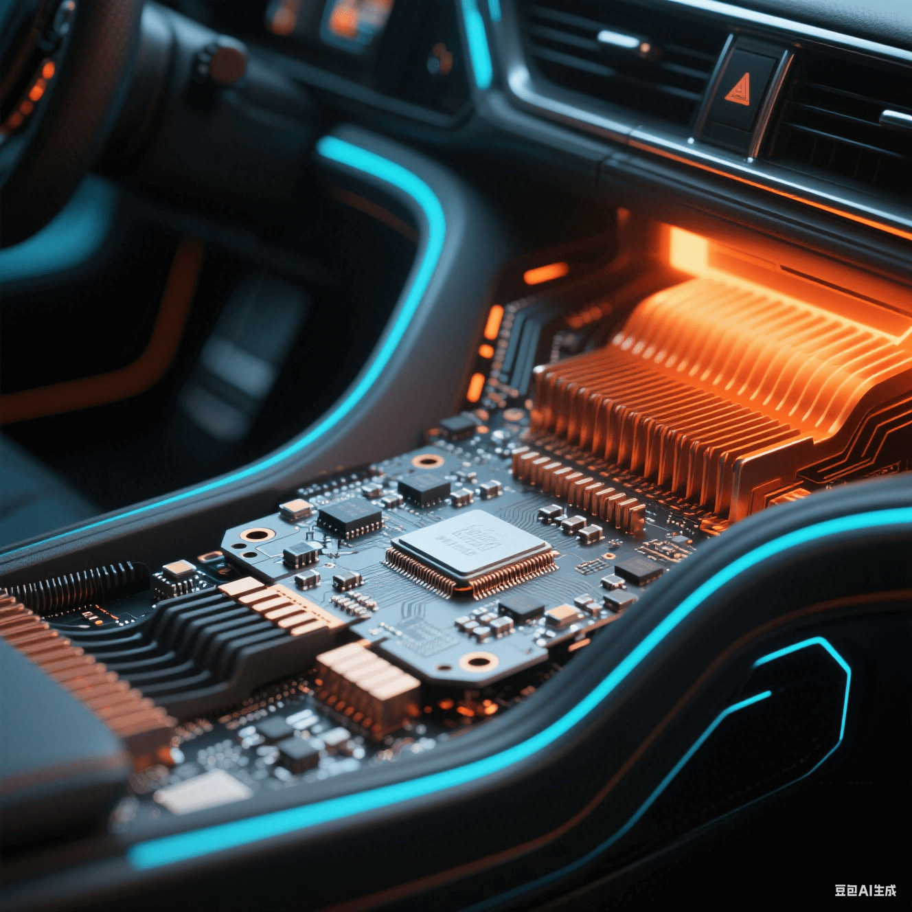 汽車中控臺(tái)域控制器內(nèi)部 - 銀灰色基板密集元件 - 銅橙色散熱鰭片 - 熱過(guò)孔陣列紅外熱力圖 - 剛?cè)峤Y(jié)合板啞光黑 FPC 彎曲結(jié)構(gòu) - 冷藍(lán)電路光效與暖橙散熱光對(duì)比