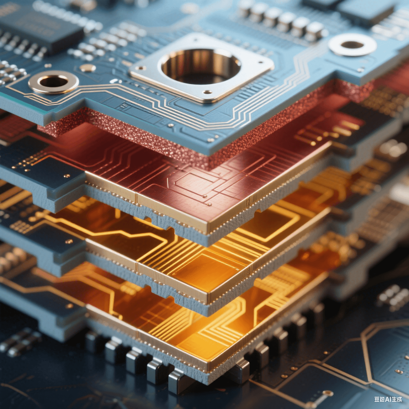 六層電路板橫截面顯微圖（放大 100 倍）- 藍(lán)灰 / 金 / 銅色交替層壓 - 厚銅紅色電源層 - 金色正交信號(hào)走線 - 半透明琥珀色樹脂層間填充 - 邊緣應(yīng)力釋放槽機(jī)械切割面 - 冷白光投射孔壁高光