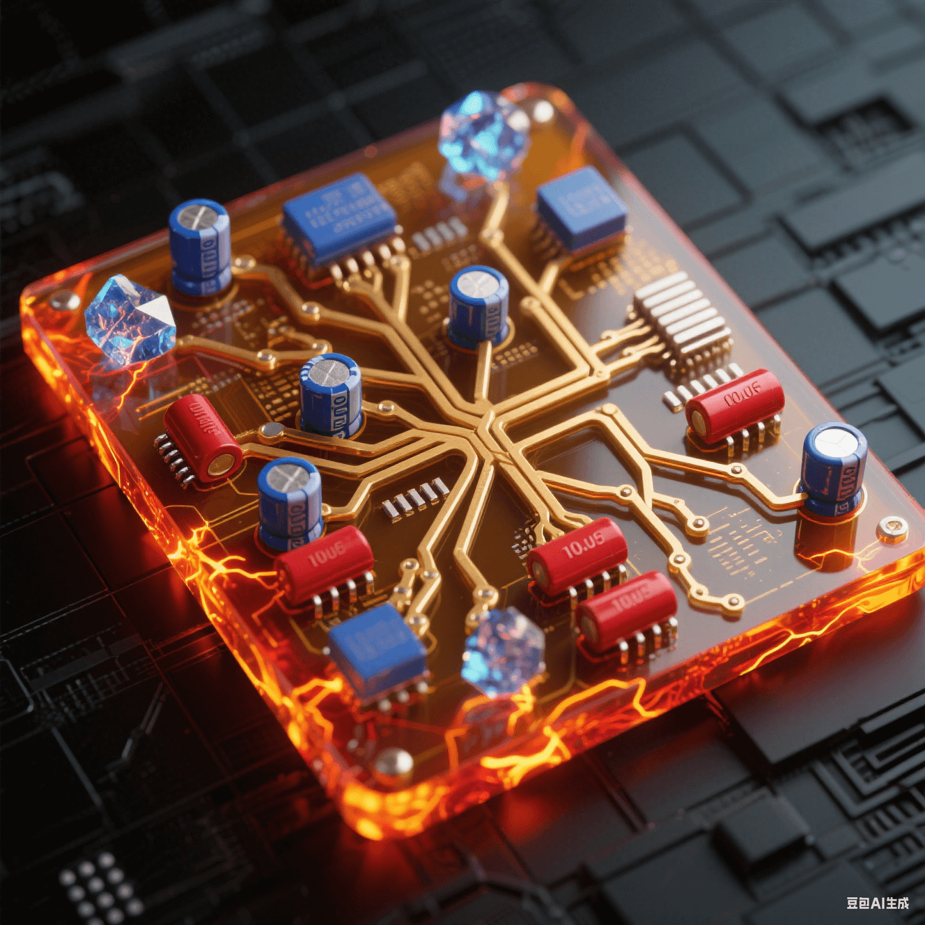 琥珀色透明基板上錯(cuò)綜電源樹突網(wǎng)絡(luò)，厚鍍金主干道泛熔融橙紅光，鈷藍(lán)陶瓷電容群跳電弧光，猩紅電解電容蕩漾熱能波紋，磨砂黑底板浮現(xiàn)金網(wǎng)格