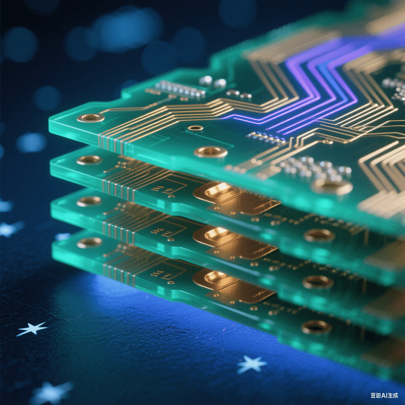多層電路板剖面透視圖：翡翠綠半透明基材中嵌入黃金銅箔走線，表面流動(dòng)藍(lán)紫色光軌，深藍(lán)地平面泛光暈，冷白星點(diǎn)懸浮背景，啞光過孔陣列貫穿層間