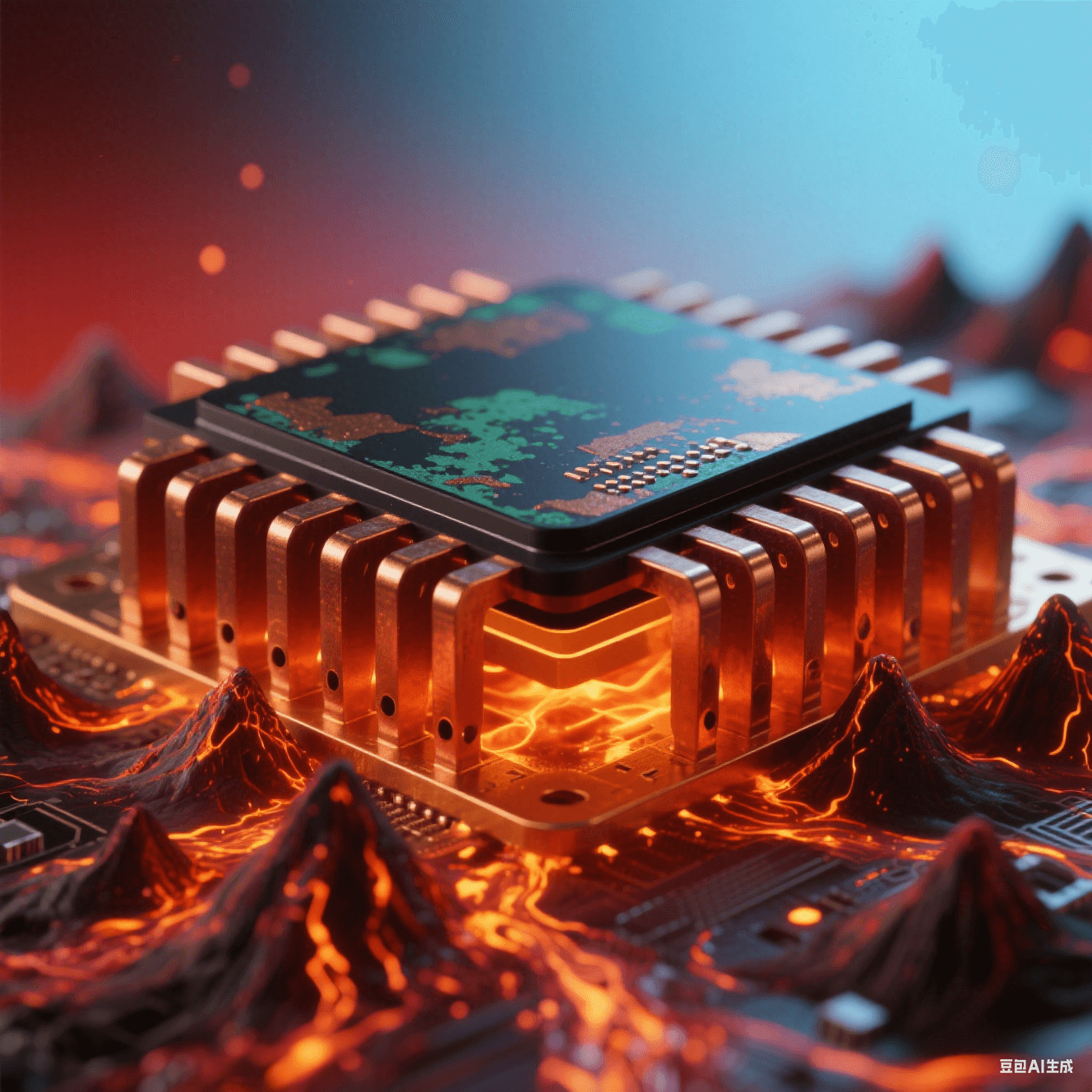 陶瓷黑芯片底部延伸赤銅散熱片，密集火山狀散熱孔噴發(fā)橙紅粒子流，熔金液態(tài)銅箔蒸騰熱浪，氧化銅綠斑與金屬反光在紅藍(lán)漸變背景中交織
