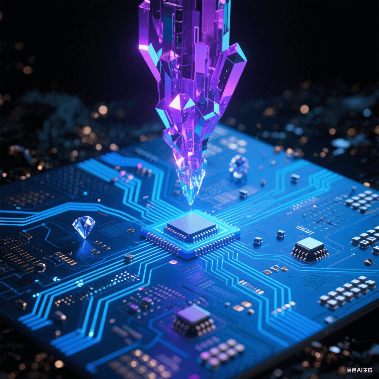 幽藍(lán)HDI基板中百萬微孔構(gòu)成三維神經(jīng)網(wǎng)，虹彩偏光細(xì)線交織，懸浮鉆石微粒電容脈沖藍(lán)光，分形紫晶毫米波導(dǎo)結(jié)構(gòu)矗立于金屬粉塵暗背景