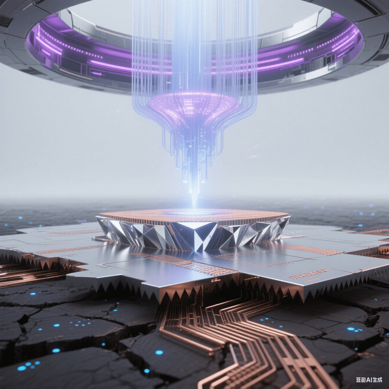 抽象科技穹頂下的技術(shù)演進(jìn)，底部傳統(tǒng)蝕刻銅線如干裂大地，中部 mSAP 銅線如精密切割水晶，頂部 EUV 光刻 3μm 銅線如懸浮納米絲，極紫外激光激發(fā)紫色等離子輝光