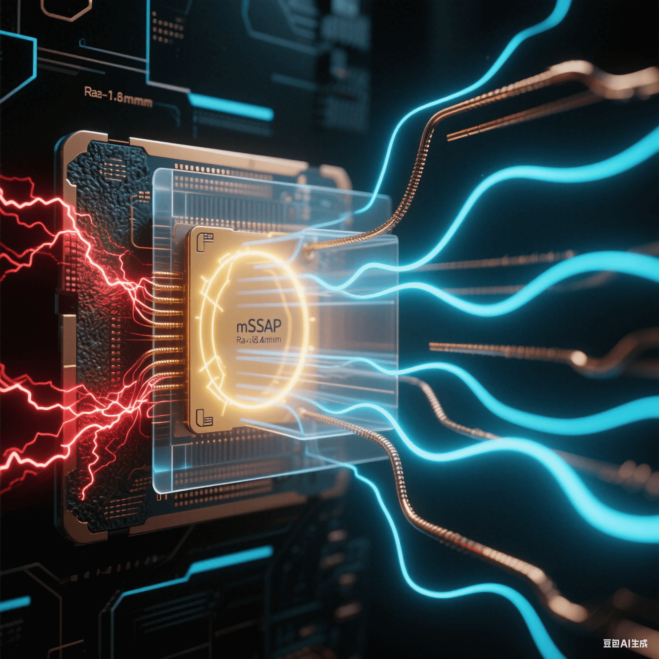 暗黑空間中高頻信號(hào)傳輸對(duì)比，左側(cè)粗糙銅線（Ra>1.8μm）電流紊亂如紅色閃電，右側(cè) mSAP 光滑銅線（Ra<0.4μm）電流均勻如藍(lán)色絲綢，金色電磁波束穿透透明介質(zhì)