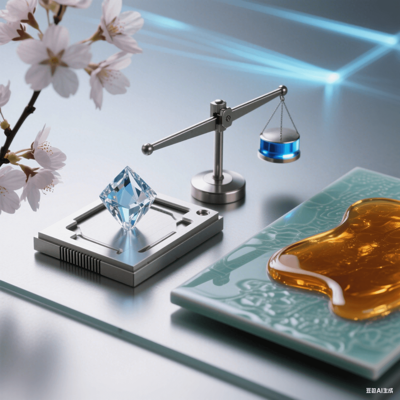 櫻花映襯下，鉆石晶體放金屬臺(tái)，中央天平偏向右端藍(lán)光砝碼，琥珀流體漫過青瓷托盤，科技背景暗喻價(jià)值的多維權(quán)衡