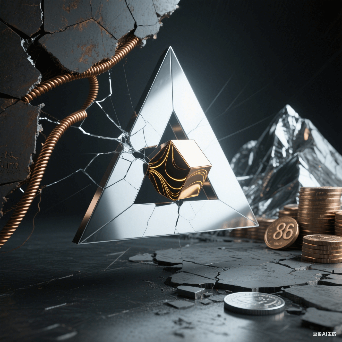 暗調(diào)背景下，破碎的銀色金屬三角內(nèi)嵌金色紋理立方體，銅色螺旋線與刻‘86’的硬幣環(huán)繞，呈現(xiàn)工業(yè)破碎與奢華的沖突感
