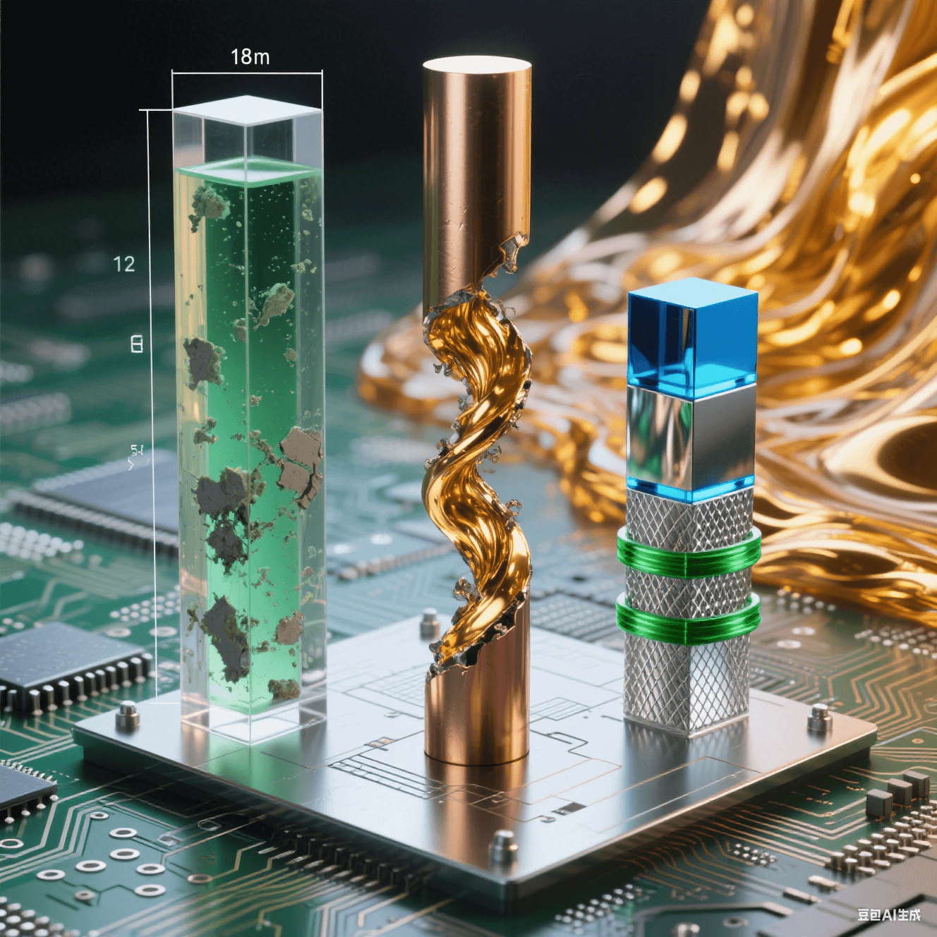科技實(shí)驗(yàn)場(chǎng)景：電路板上三柱對(duì)比——左柱封存綠液殘?jiān)?，中柱銅體斷裂迸發(fā)金色流體，右柱藍(lán)光-銀網(wǎng)-綠環(huán)有序堆疊，背景熔金象征突破