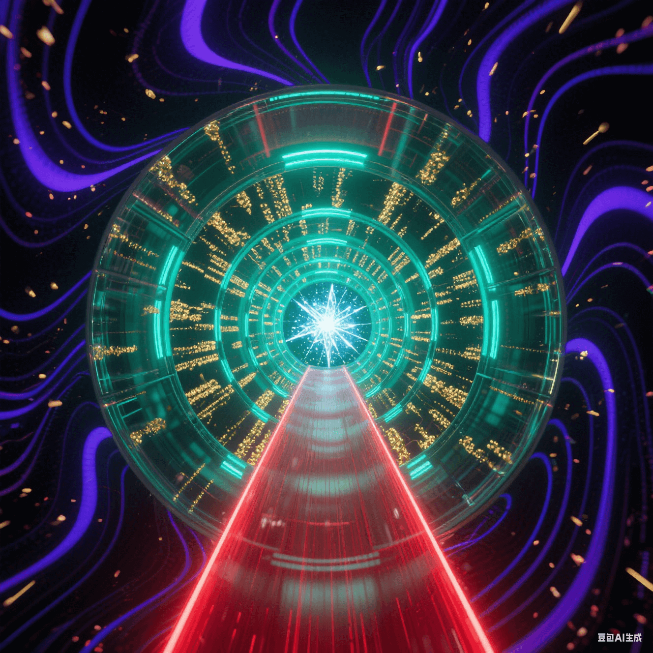 透明隧道壁嵌自旋金粒子陣列，外部紫黑波紋撞擊濺射靛藍(lán)漣漪，中央猩紅光束直線疾馳，壁面折射無(wú)限延伸的熒光綠遞歸結(jié)構(gòu)