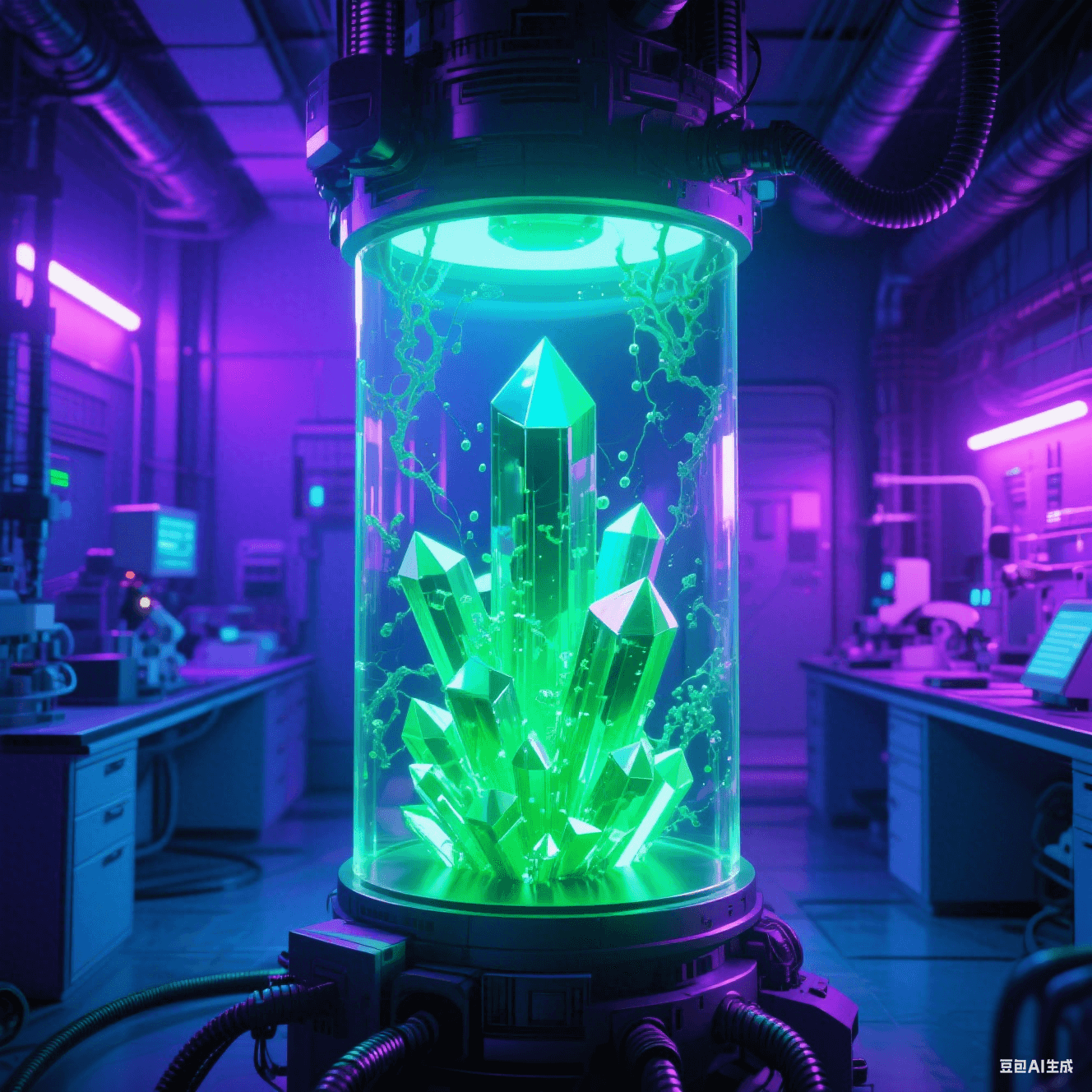 無鹵阻燃實(shí)驗(yàn)室：磷氮化合物晶體（熒光綠棱柱）在透明樹脂內(nèi)生長蔓延