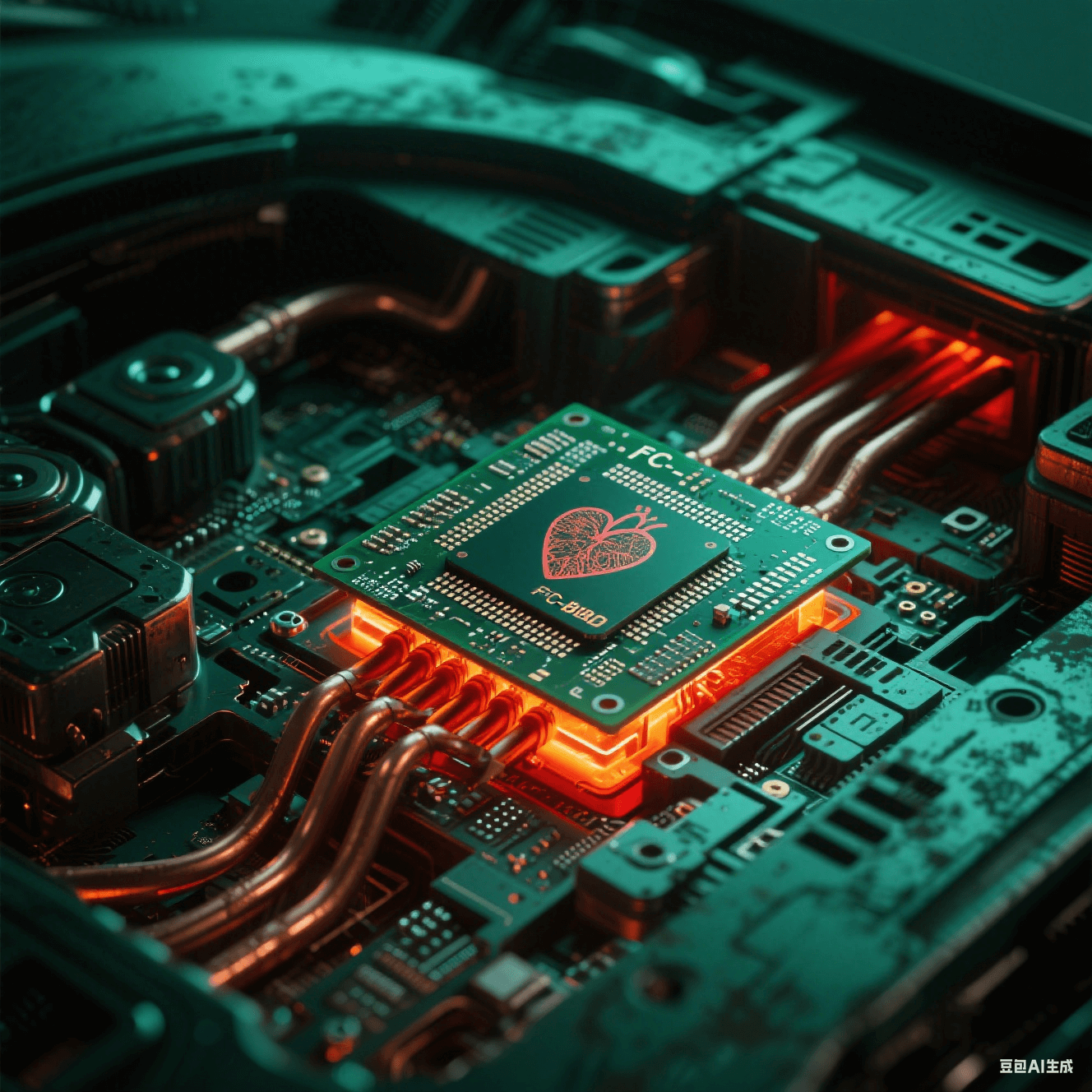 智能汽車(chē)電子艙透視視角，F(xiàn)C-BGA基板如心臟跳動(dòng)，散熱銅管泛紅橙光暈