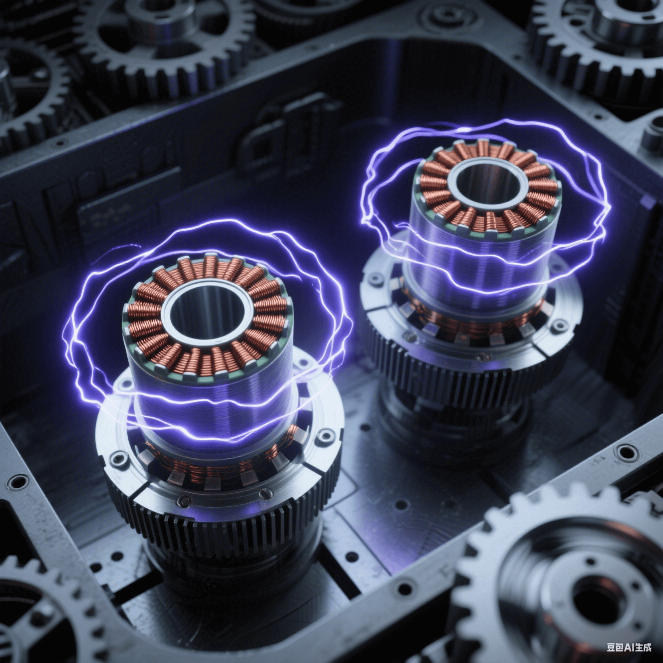 深灰機(jī)床腔體內(nèi)的PCB 線圈板諧振供電系統(tǒng)，兩枚同心銅線圈懸浮，初級(jí)線圈帶散熱鰭片，次級(jí)線圈旋轉(zhuǎn)形成殘影光環(huán)，間隙躍動(dòng)藍(lán)紫電弧，電磁場(chǎng)呈靛藍(lán)漩渦狀包裹設(shè)備。