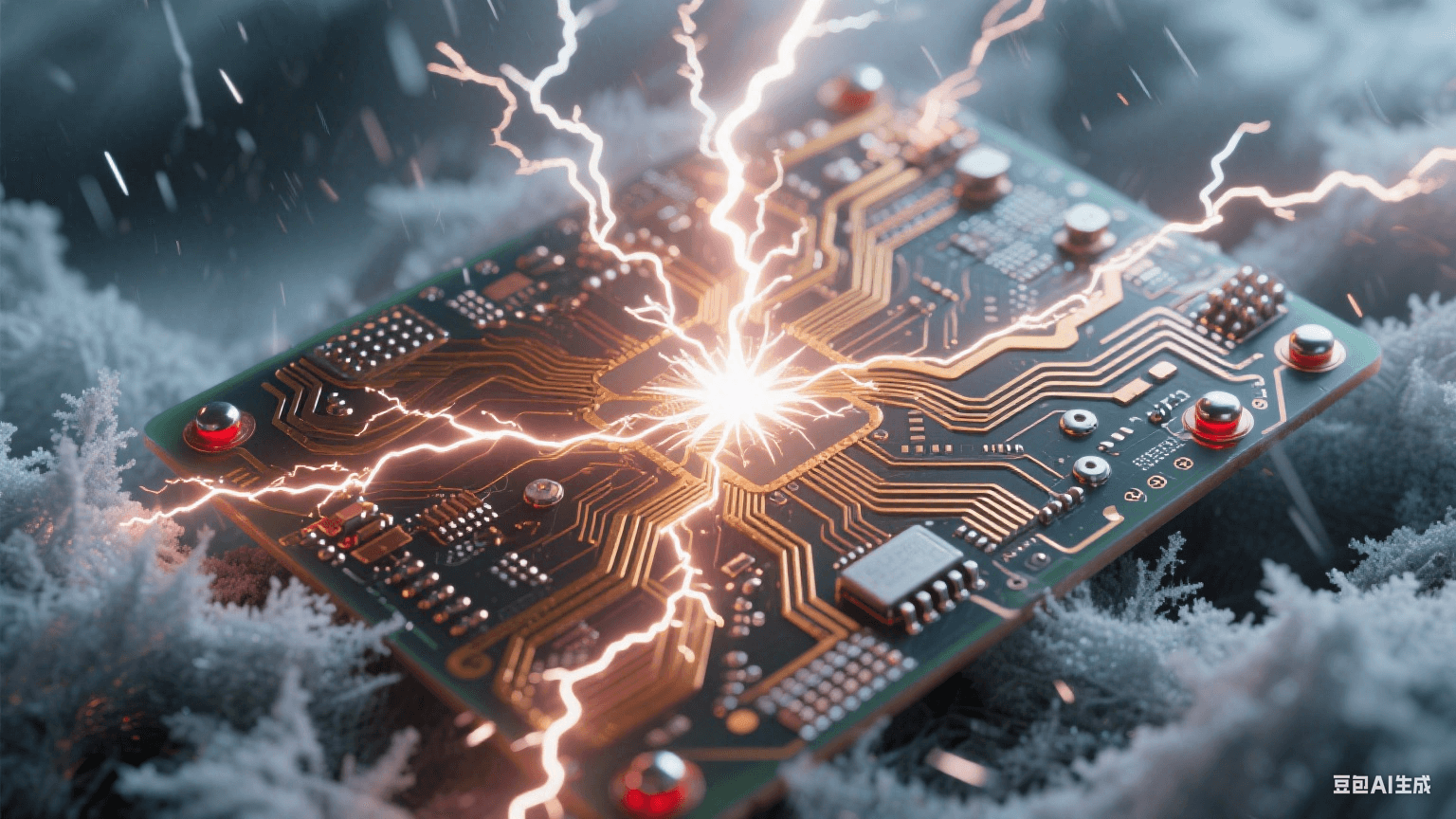 冰風(fēng)暴中的除顫器電路：樹狀金色電弧貫穿覆霜基板，星爆白光點(diǎn)亮冗余切換點(diǎn)，液態(tài)納米焊珠在-40℃環(huán)境中流動(dòng)，紅色應(yīng)急微光穿透玻璃纖維織構(gòu)