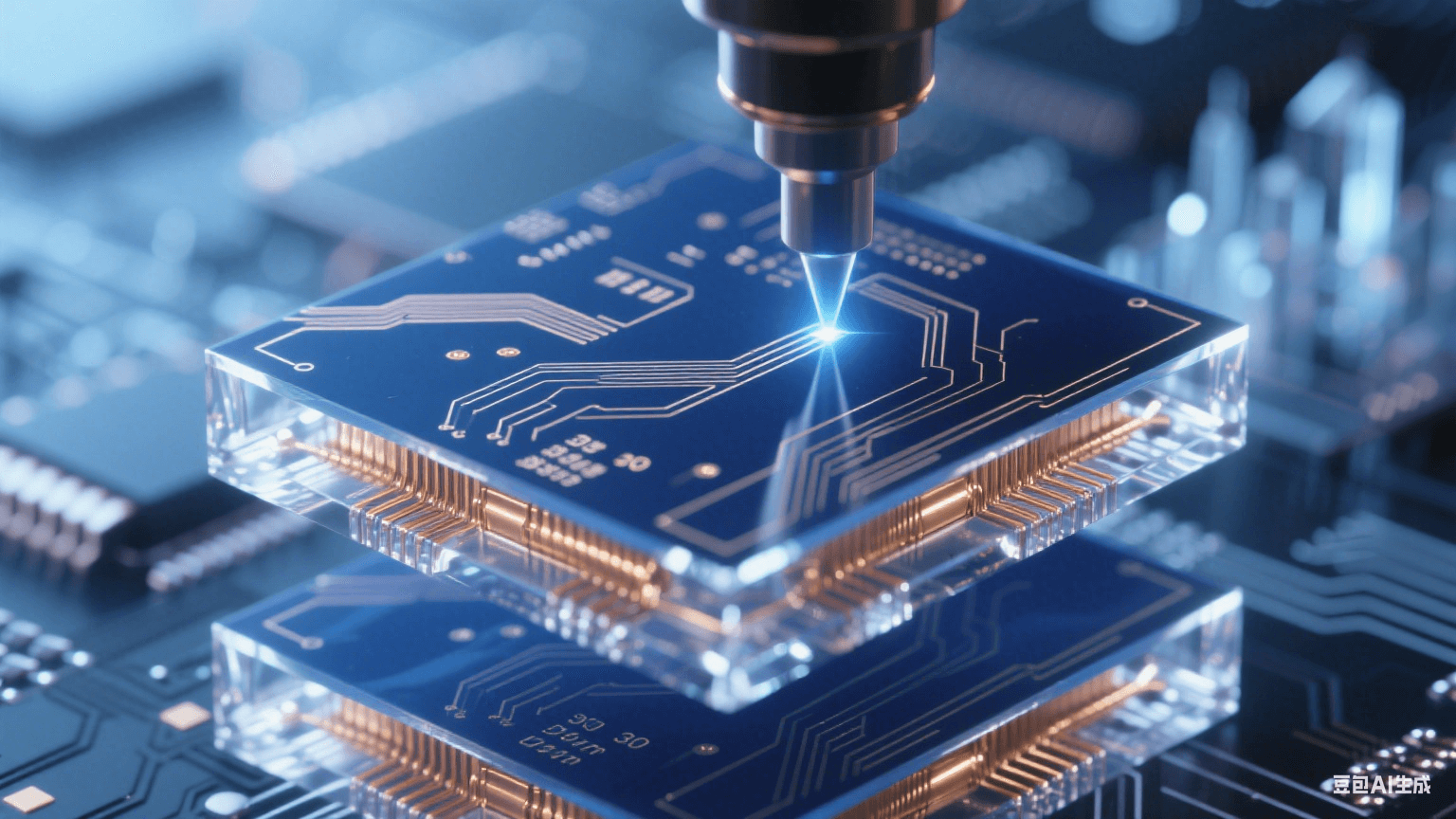紫外激光束在深藍(lán)感光層繪制30μm線寬精密電路，鎏金銅線側(cè)壁呈85°陡直切面，邊緣反射冷白光，背景中多層電路板如水晶城懸浮
