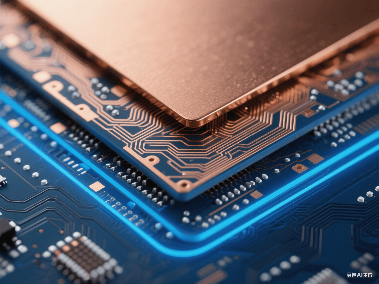 高速電路 PCB 信號層與電源層疊合，銅層帶細(xì)密走線，藍(lán)色背光下邊緣發(fā)光，顯層間結(jié)構(gòu)