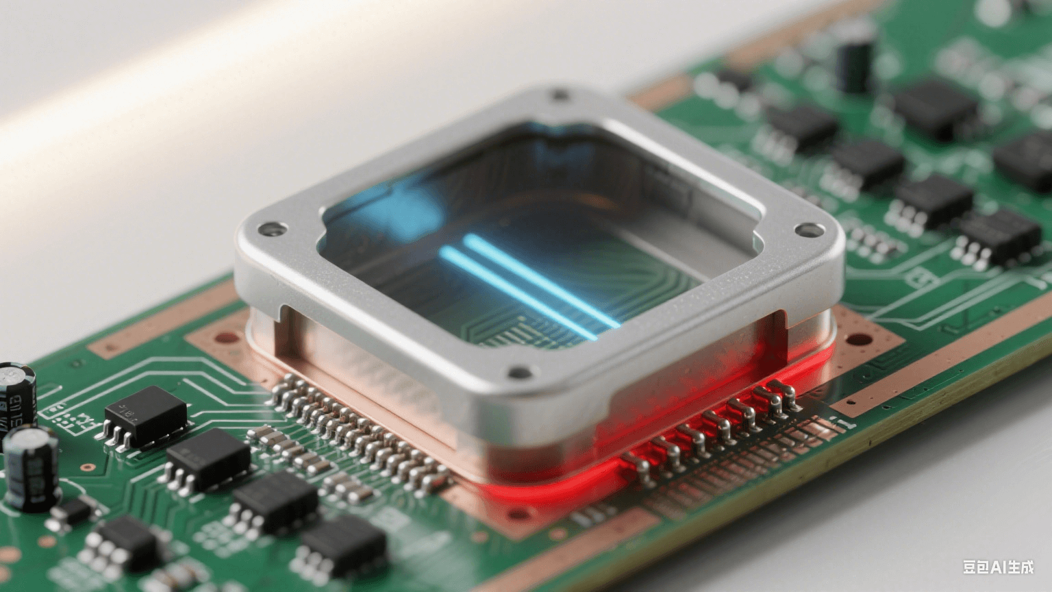 EMC 屏蔽與抗干擾：毫米波雷達板局部，銀灰色屏蔽罩封閉高頻區(qū)（底部與接地銅箔縫隙＜0.1mm），罩外深綠基板上有黑色高頻電容 / 磁珠陣列，銀灰線路與高頻線路被淺棕隔離帶分隔