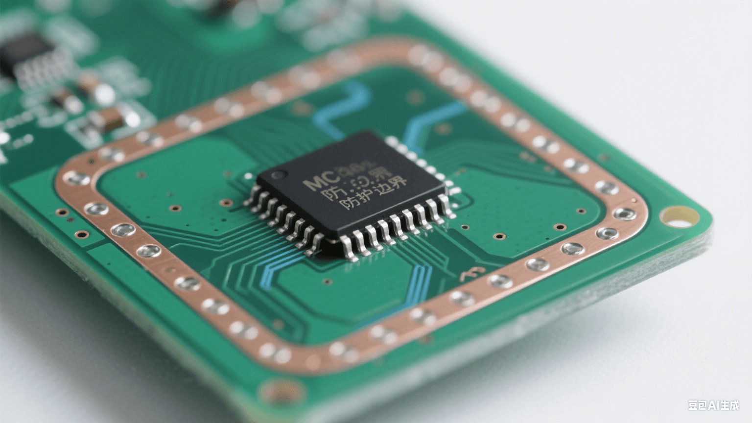 設(shè)計階段靜電防護：深綠色 PCB 邊緣有裸銅防護環(huán)與接地過孔，中央芯片引腳與銅皮間距大，短直銀線接地面泛淡藍光，冷白光照射顯精密