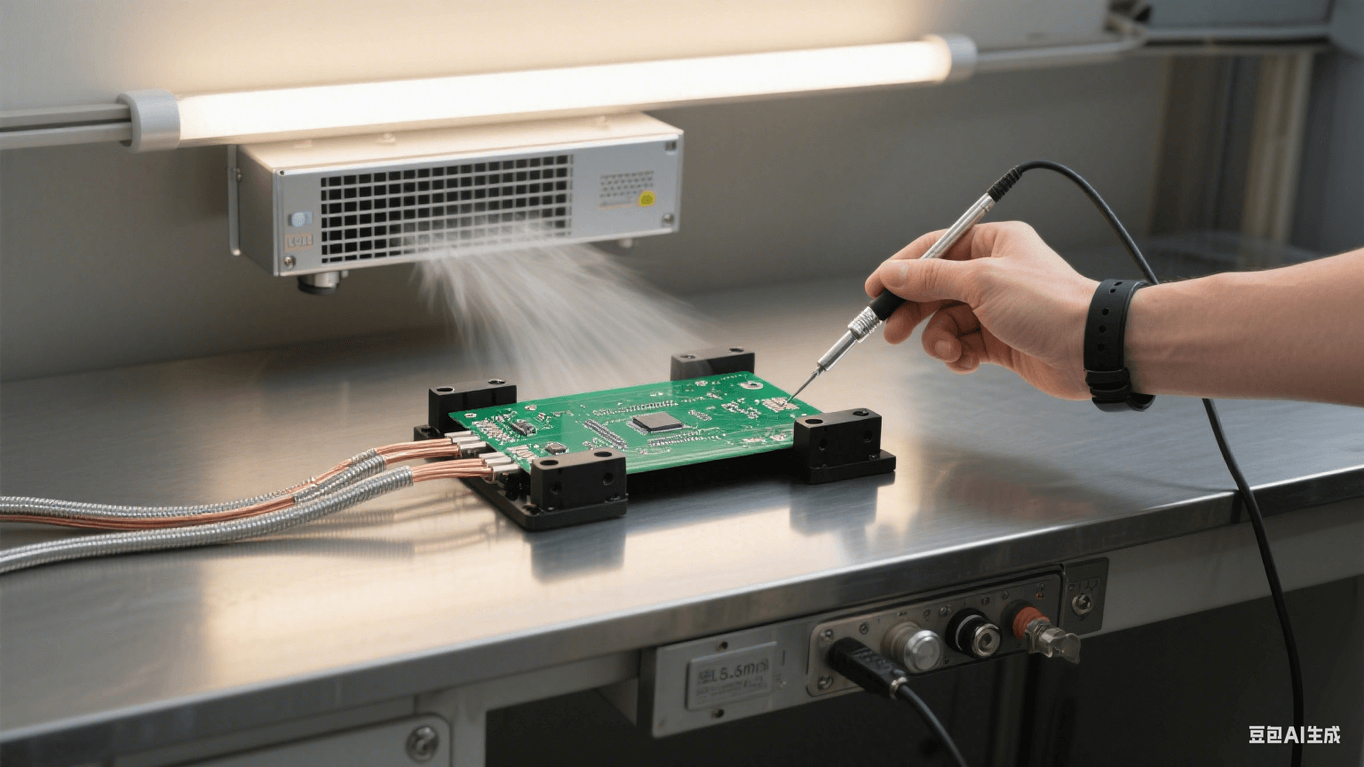 測試環(huán)節(jié)防護：銀灰色測試臺固定 PCB，黑色夾具連多股銅纜接地，上方離子風(fēng)機吹氣，人員戴防靜電手環(huán)持探針
